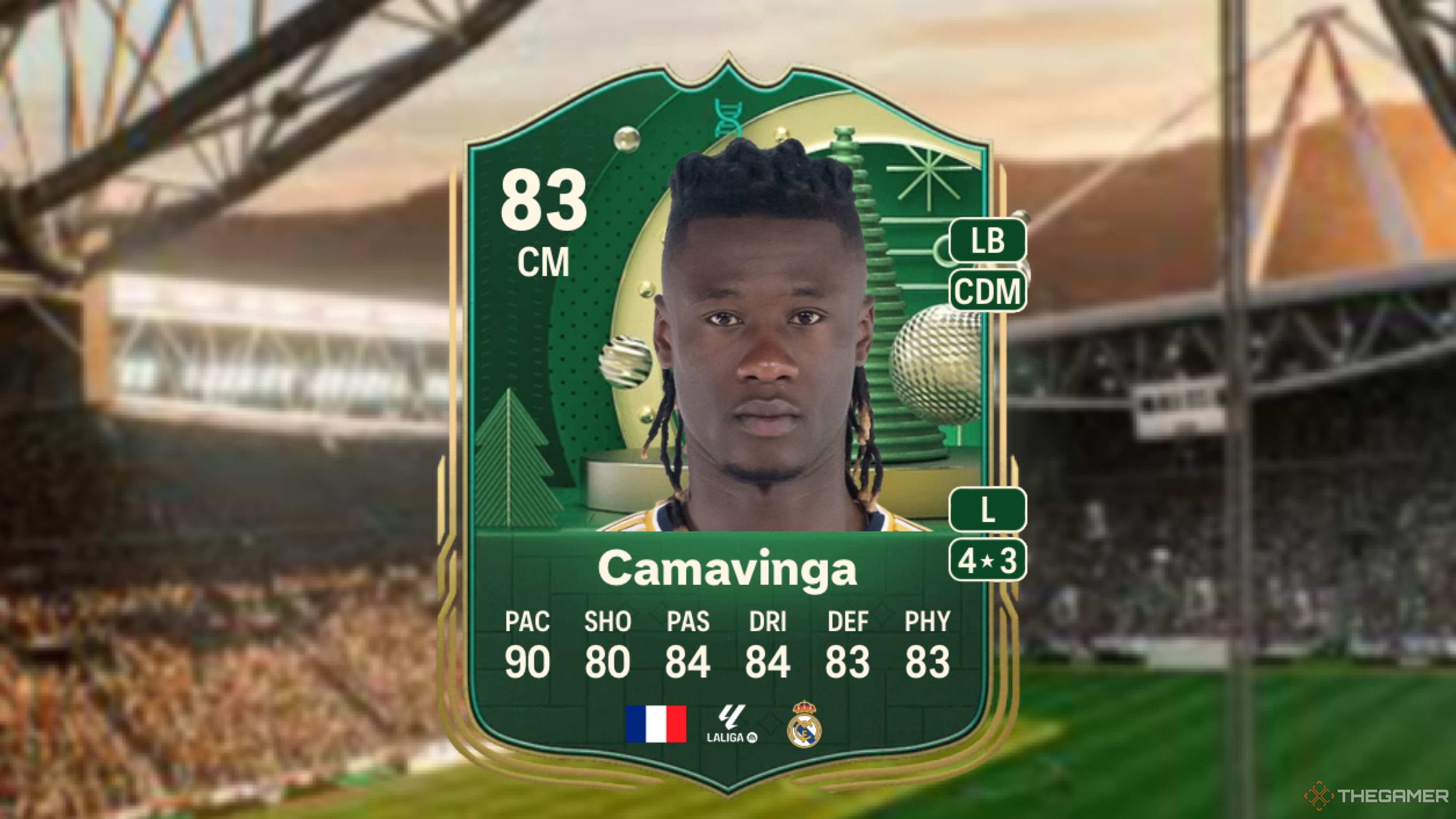 Image showing Camavinga card against a faded stadium background.