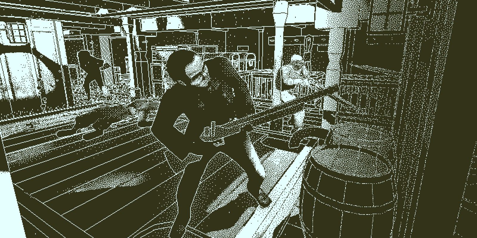 A man holding a gun on the Obra Dinn in Return of the Obra Dinn