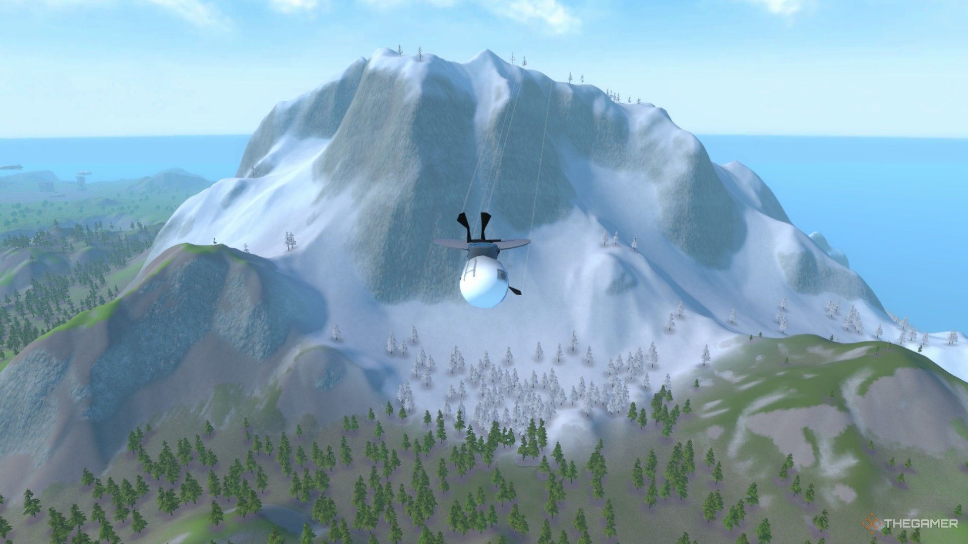 The player is flying in front of the big snowy mountain in Amazing Frog.