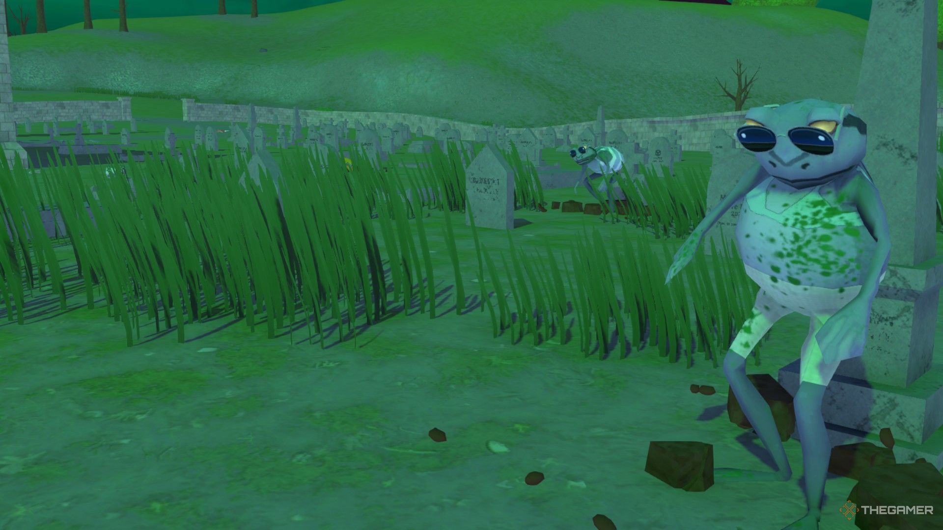 Zombies are rising on the Church's garden in Amazing Frog.