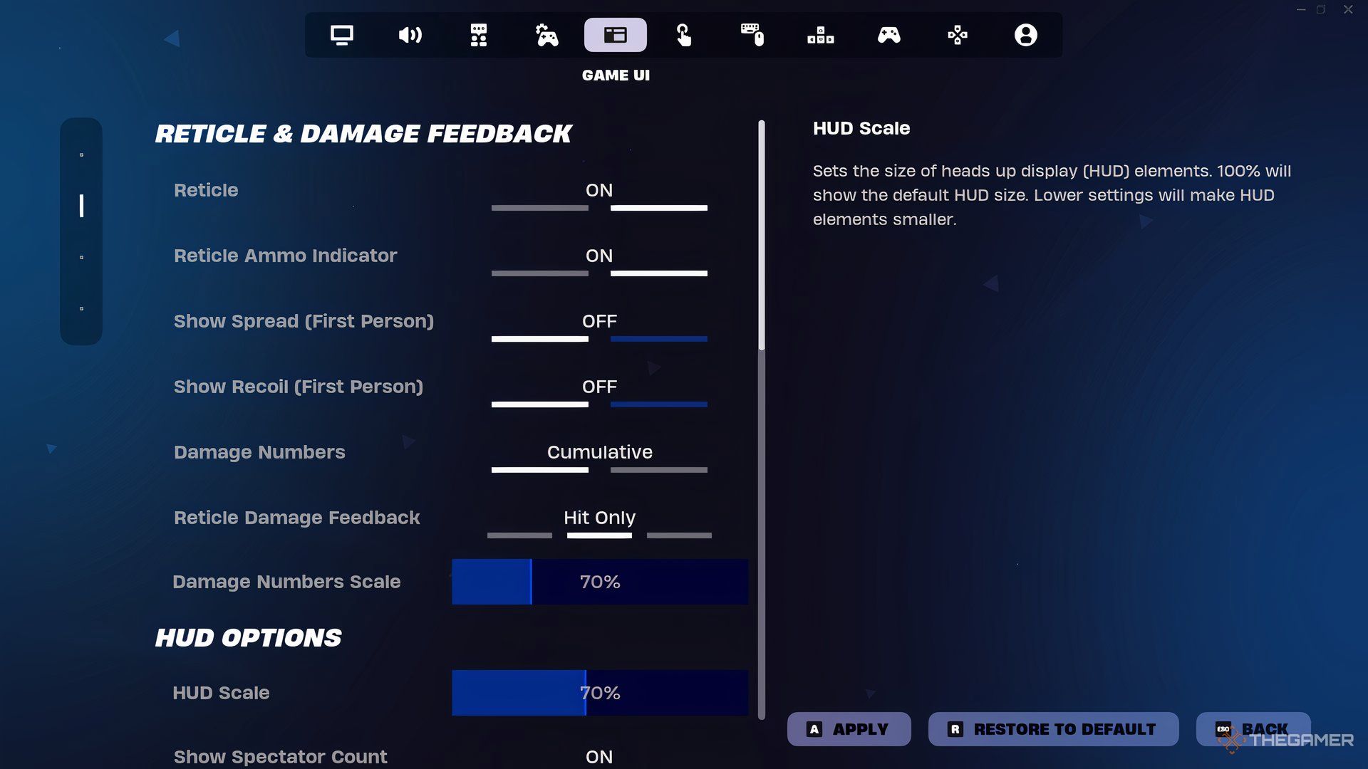 A menu showing Game UI settings in Fortnite Ballistic.