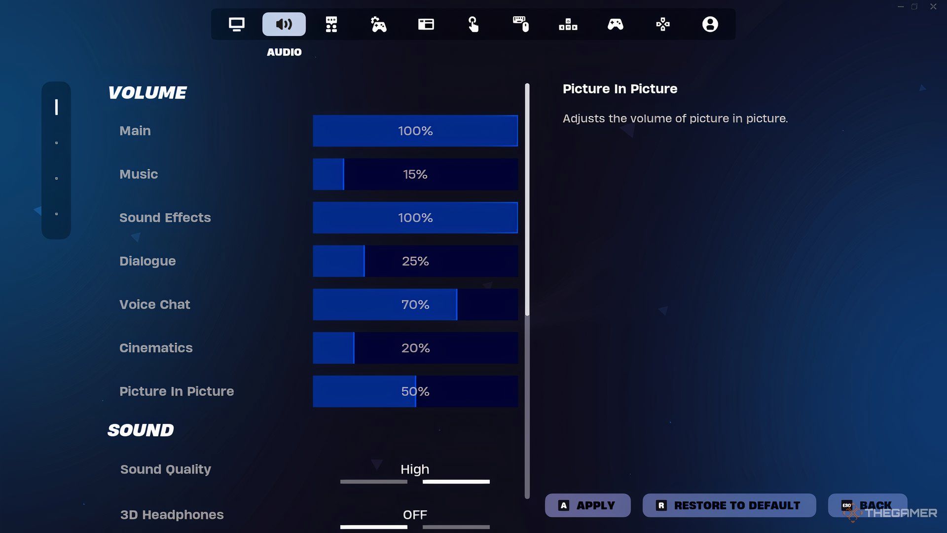 A menu showing audio settings in Fortnite Ballistic.