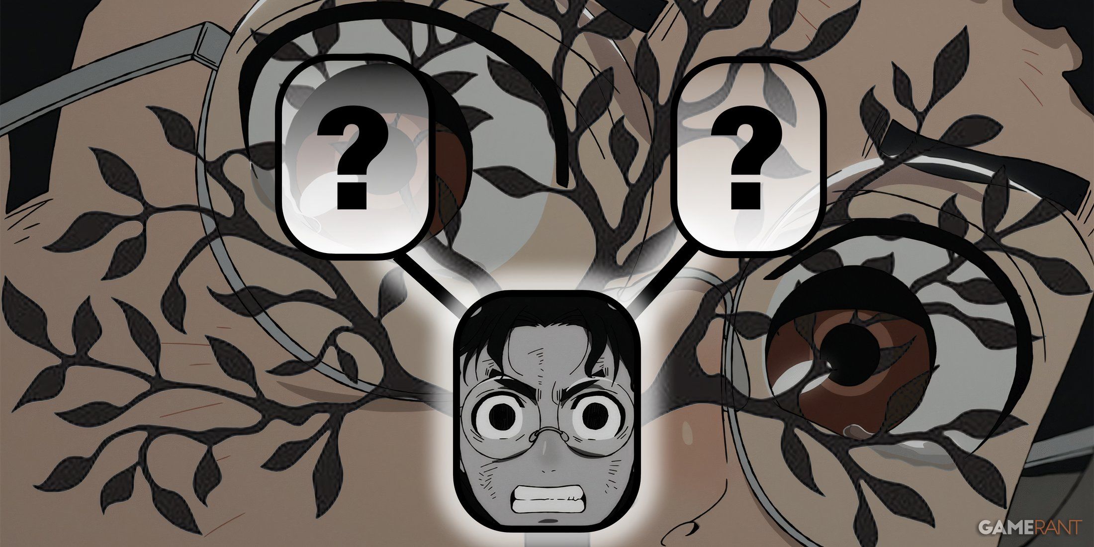 A family tree diagram shows Okarun at the bottom with his parent's sections filled with question marks. The background features a tree silhouette with Okarun's face behind it. Custom image for Dandadan.