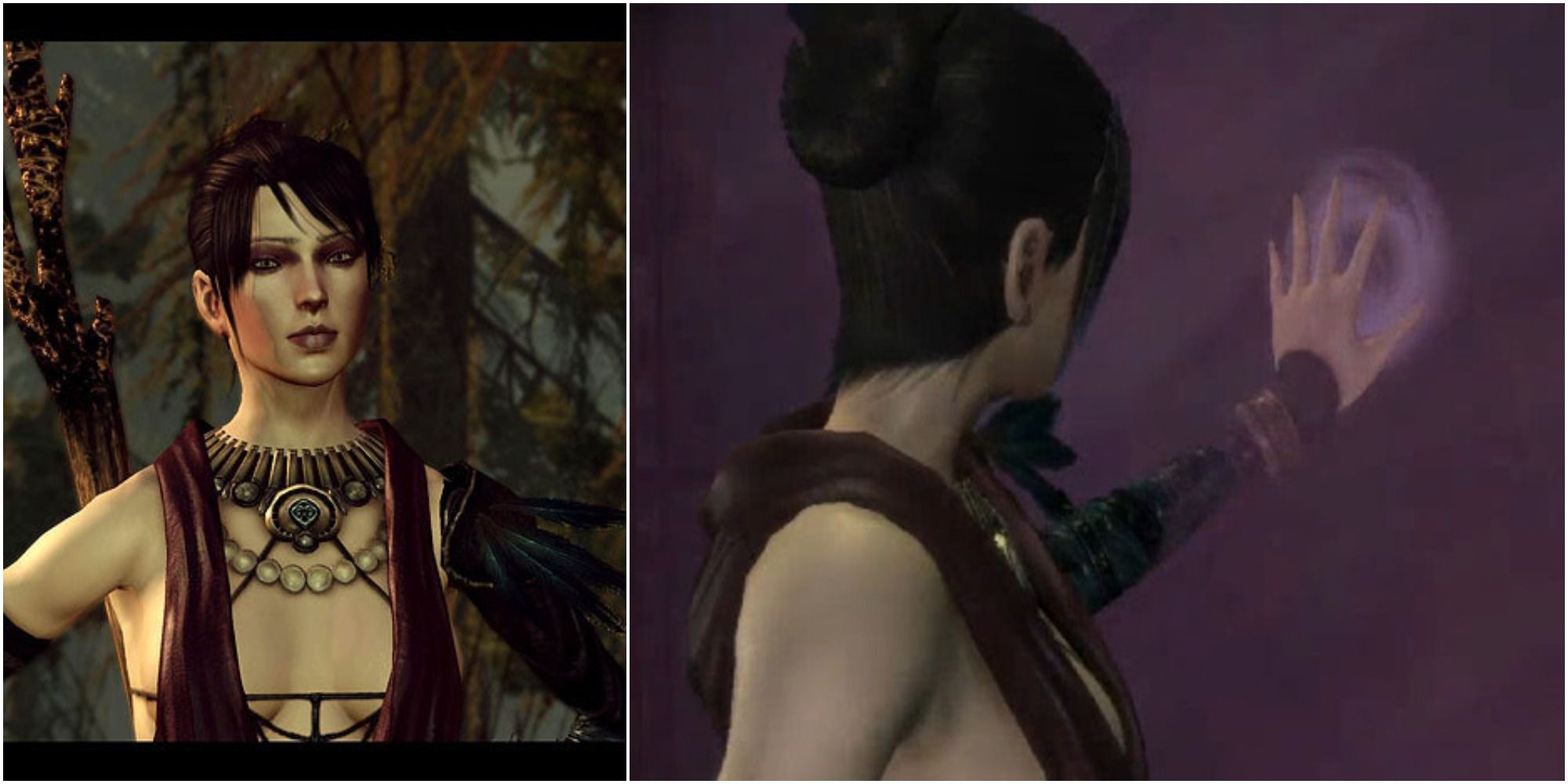 A split image of Morrigan talking and Morrigan touching a magical barrier in Dragon Age: Origins.