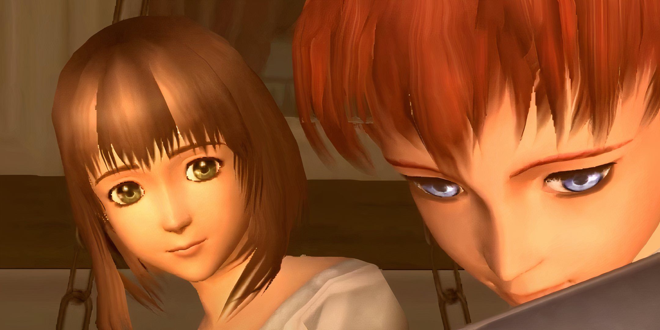 Sakura and Rubedo on a bench in a memory in Xenosaga Episode II.