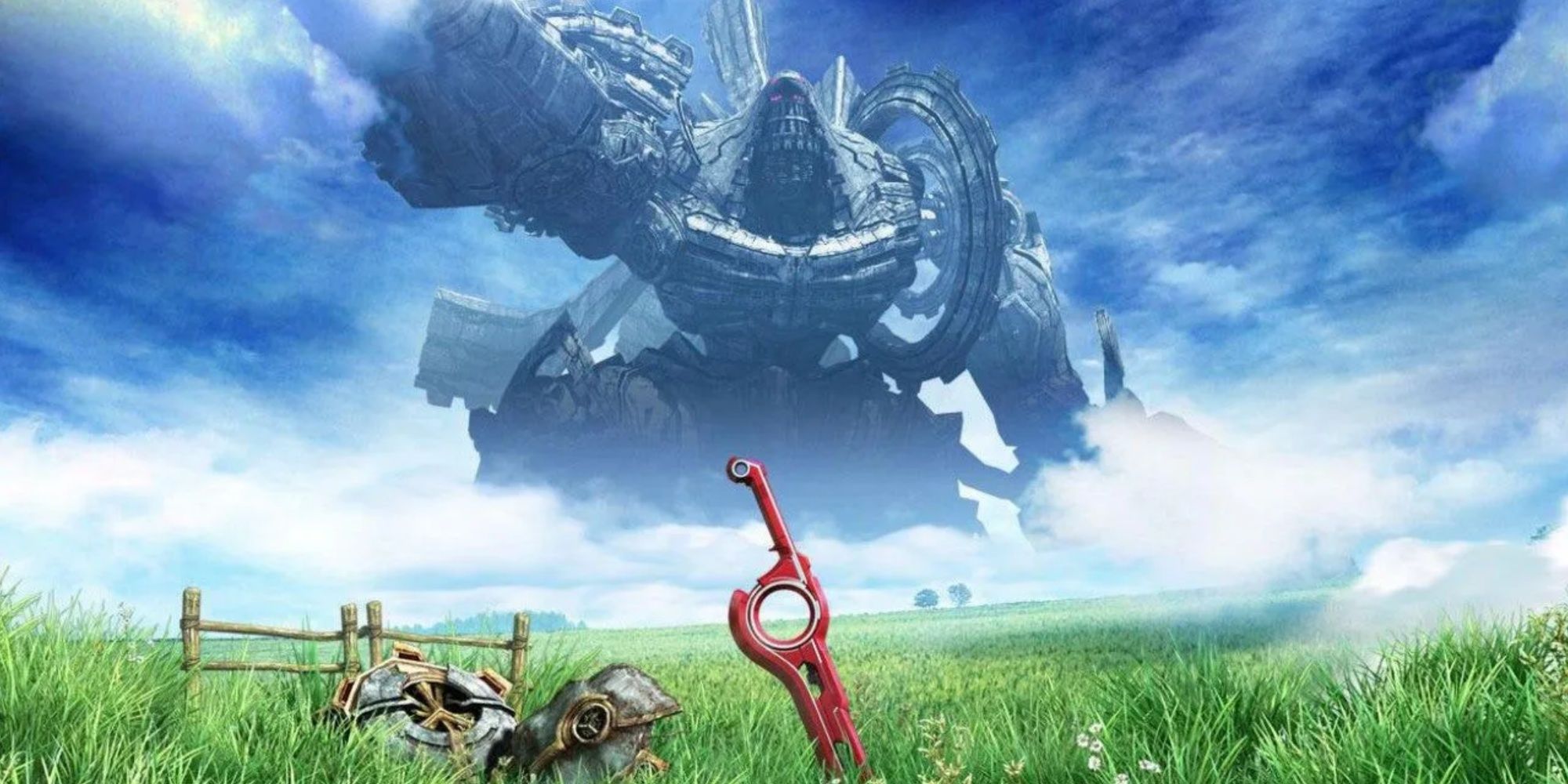 The Xenoblade Chronicles loading screen showing the Monado on the ground in front of the Mechonis.