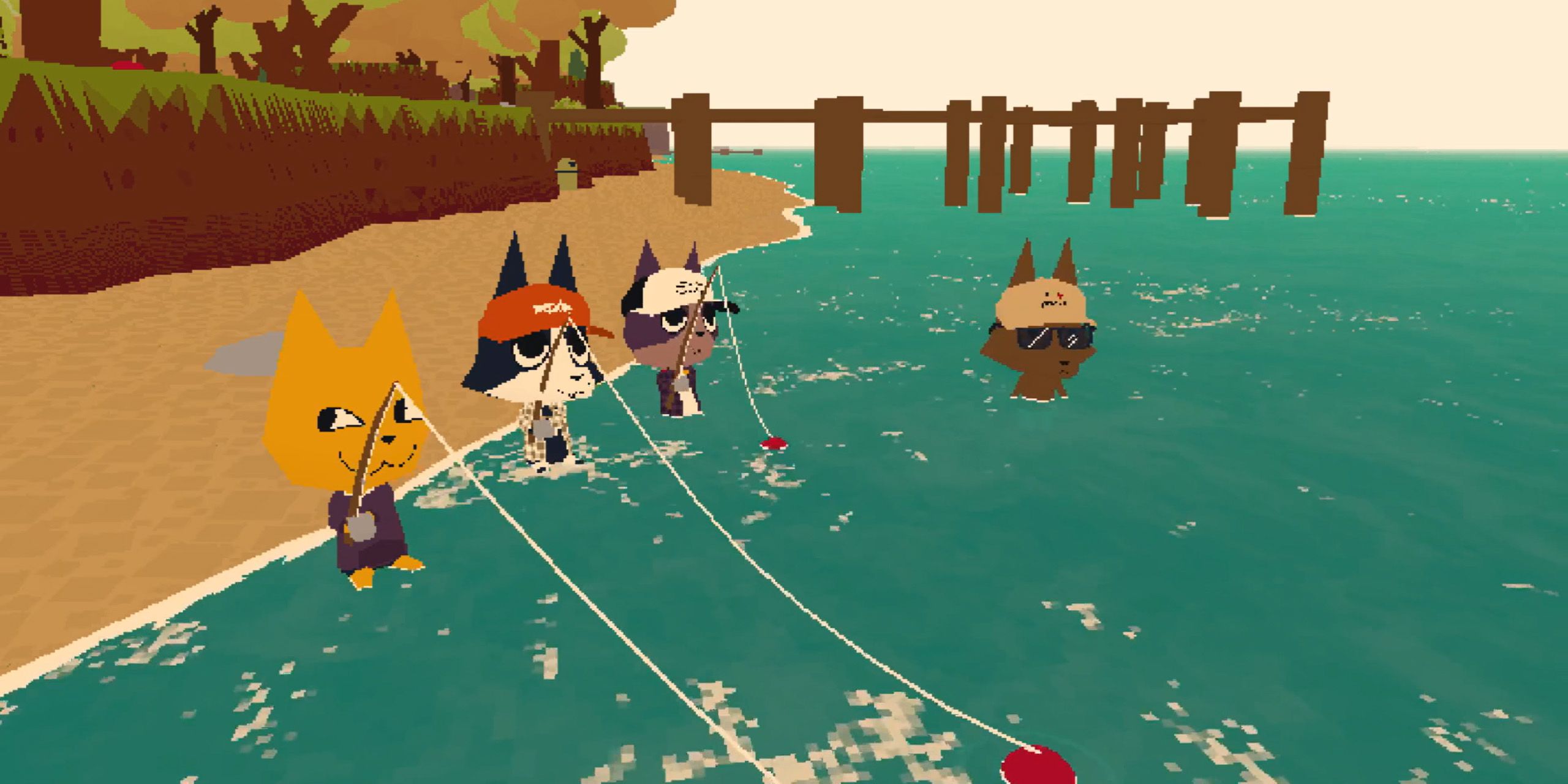 Three cats fishing on the beach while a fourth cat swims in the water from Webfishing.