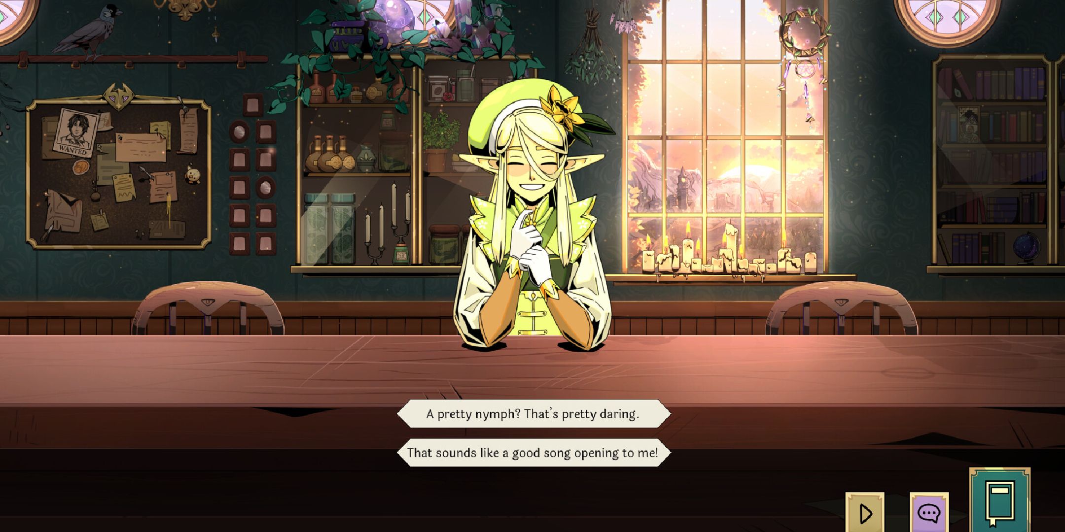 The player talking to one of their patrons in Tavern Talk.