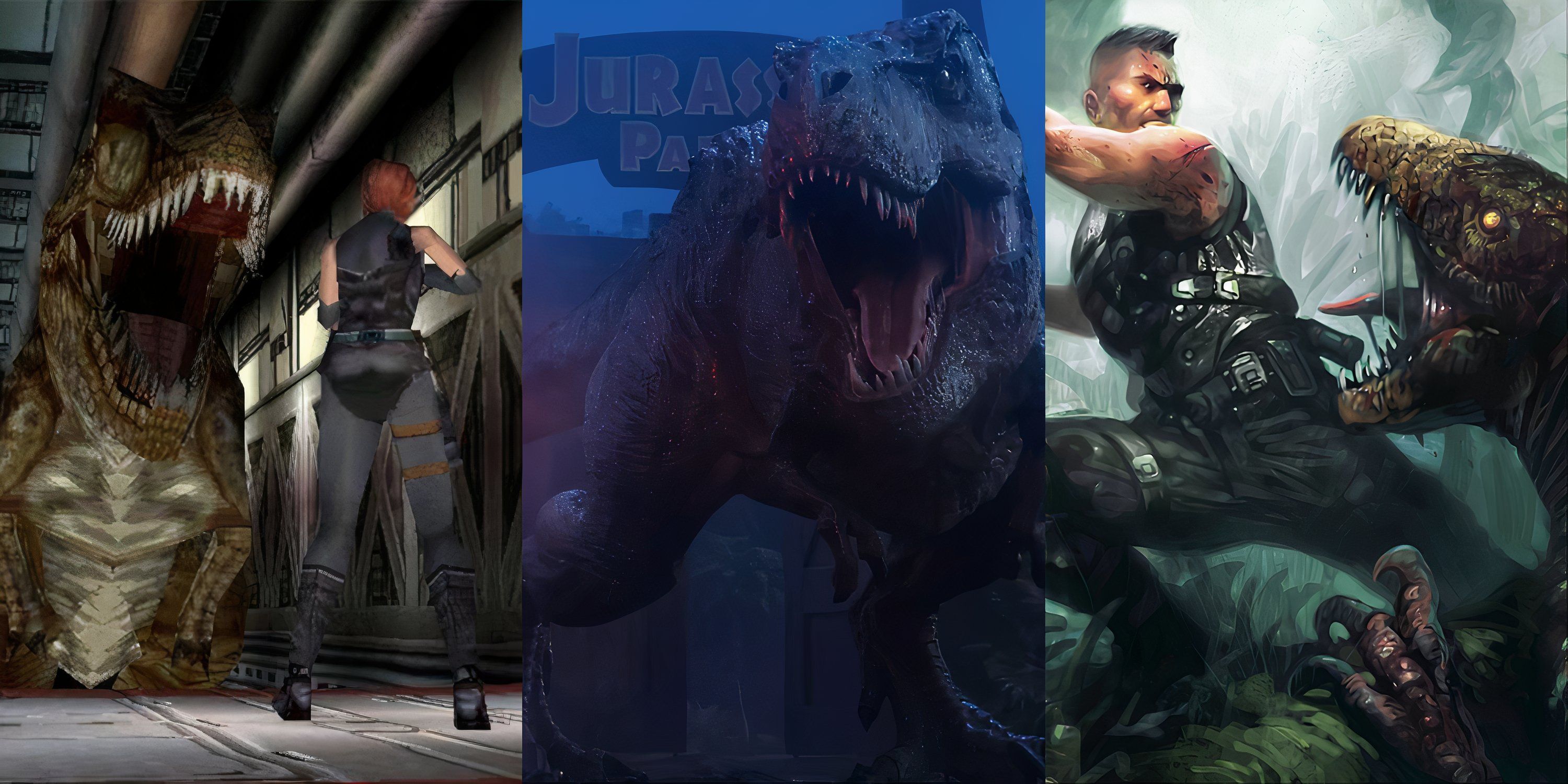 Split image of Dino Crisis, Jurassic Park Survival, and Turok