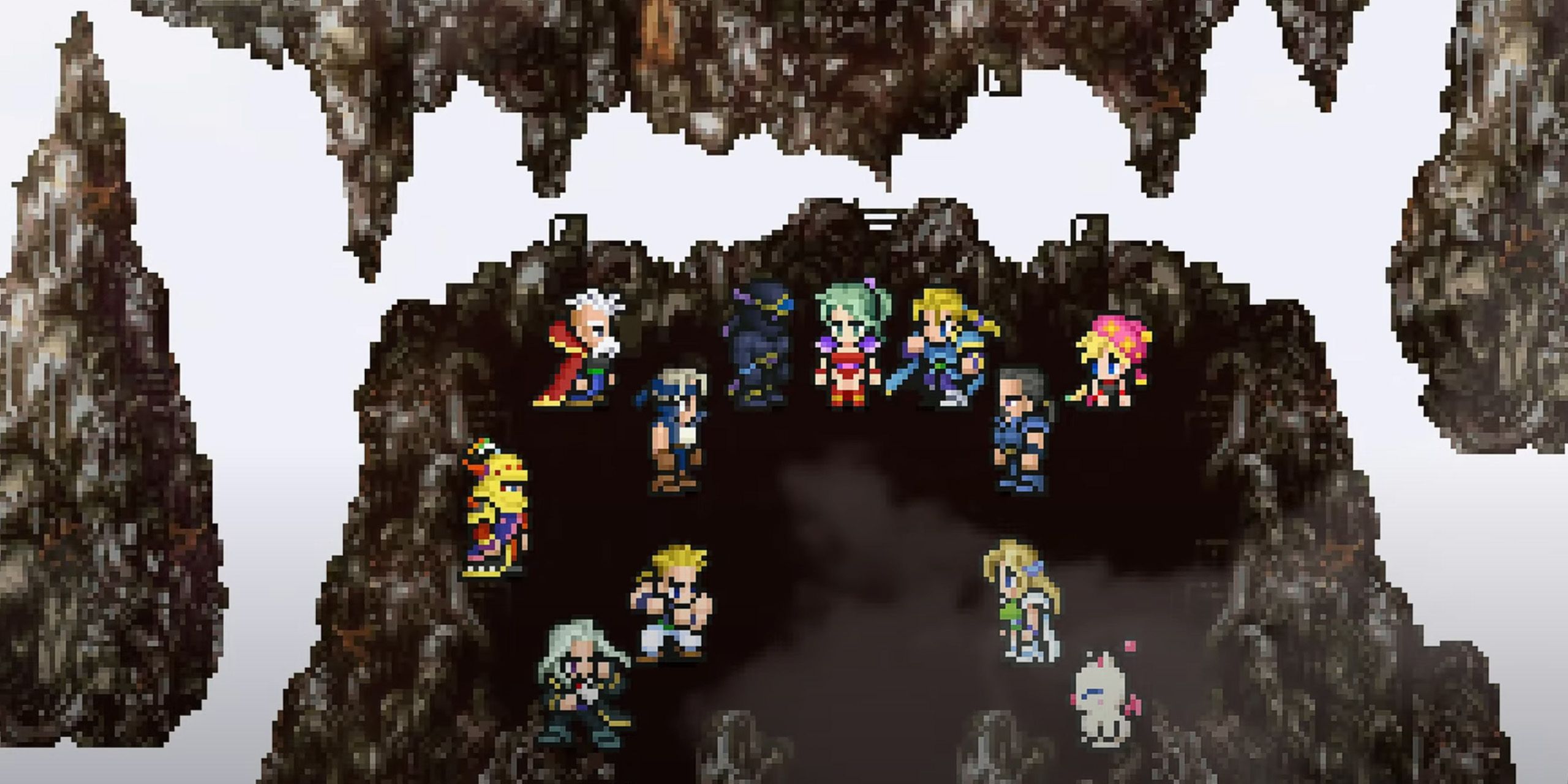 The party members from Final Fantasy 6 standing on top of Kefka's Tower.