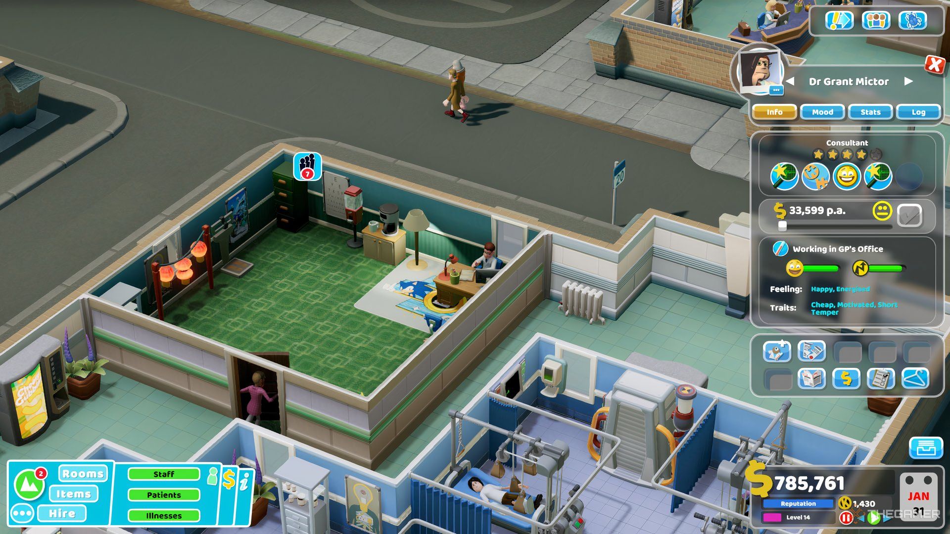 A staff member with the Cheap Trait in Two Point Hospital.