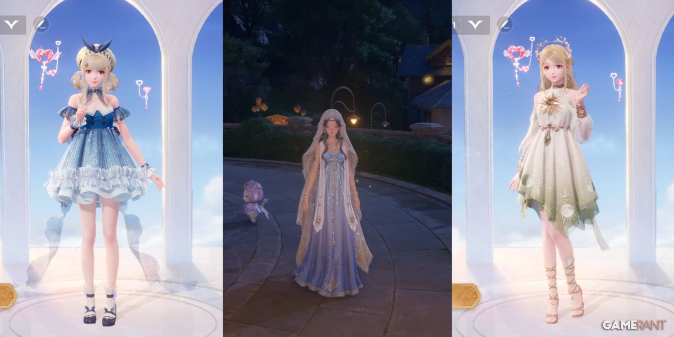 split image of Bubbly Voyage, Moonlight Oath, and Wind of Purity in Infinity Nikki