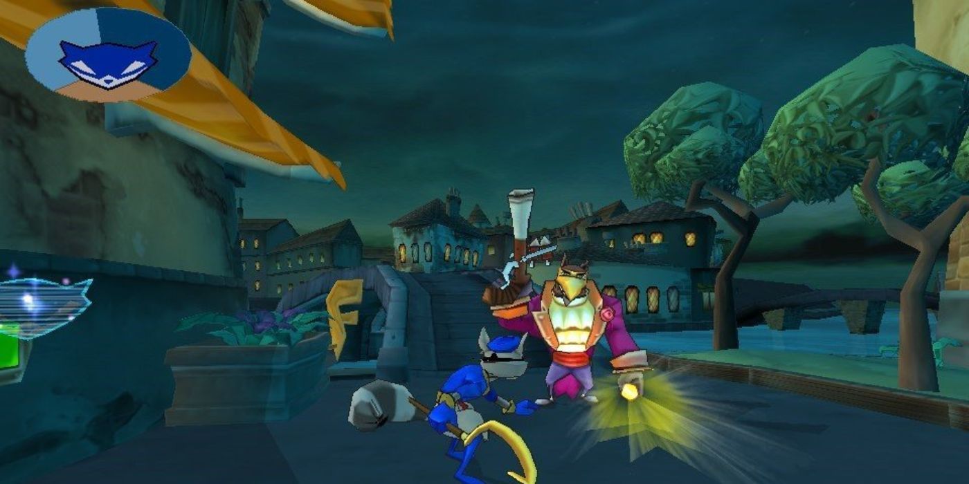 Sly Cooper walks by a guard in Venice, Italy in Sly 3: Honor Among Thieves.