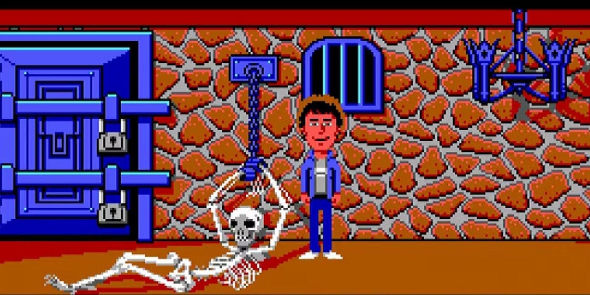 Maniac Mansion Character Smiling Next To A Skeleton.