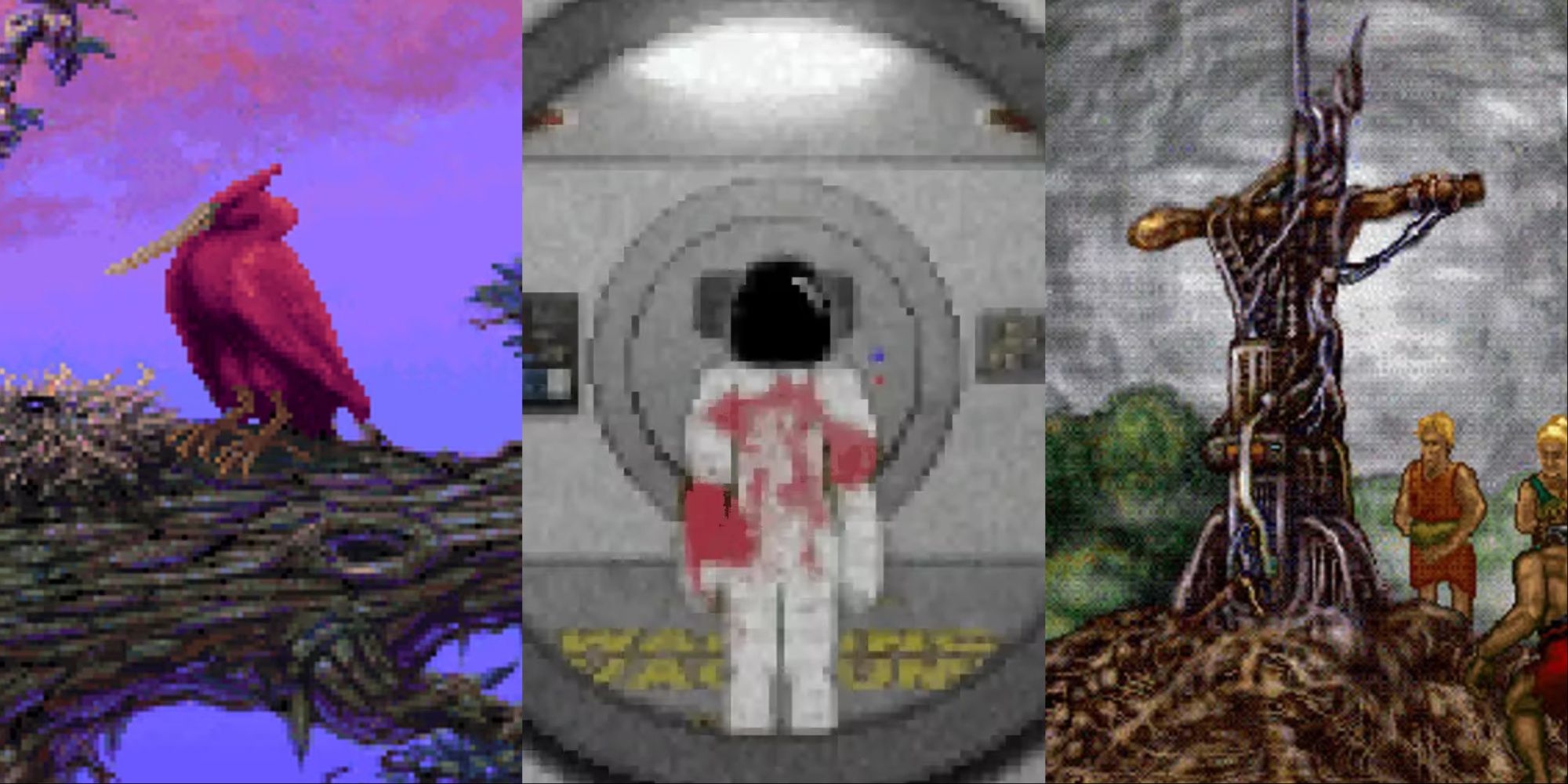 A collage showing a bird from Dragonsphere, an astronaut from Don't Escape, and a monument from I Have No Mouth, And I Must Scream.d 