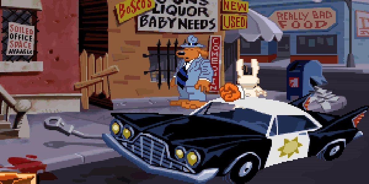 A screenshot showing a scene from Sam & Max Hit The Road, with Sam and Max stood outside Bosco's store.