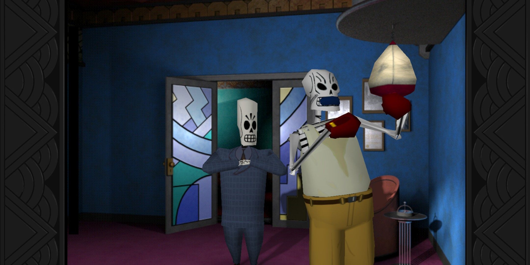 Skeletons boxing using a punching bag in Grim Fandango. 