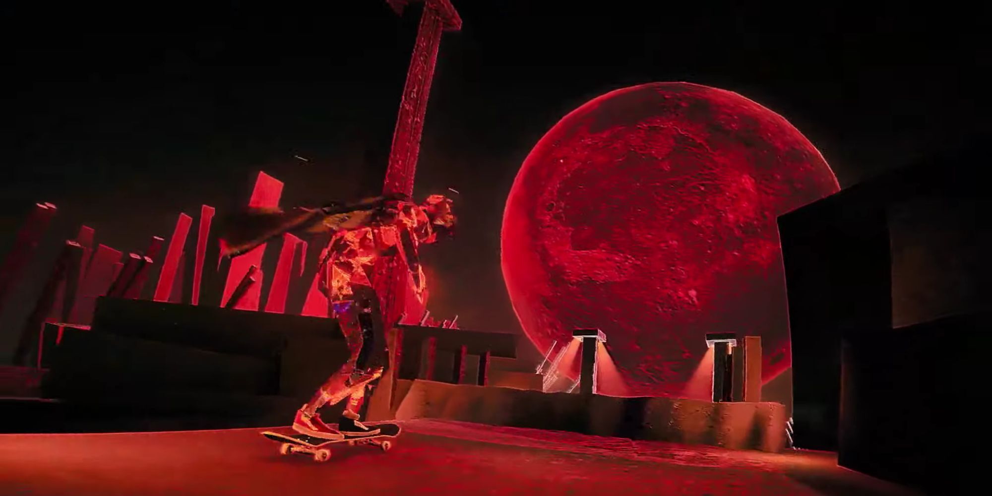 Glass person on a skateboard with a large red moon in the background.