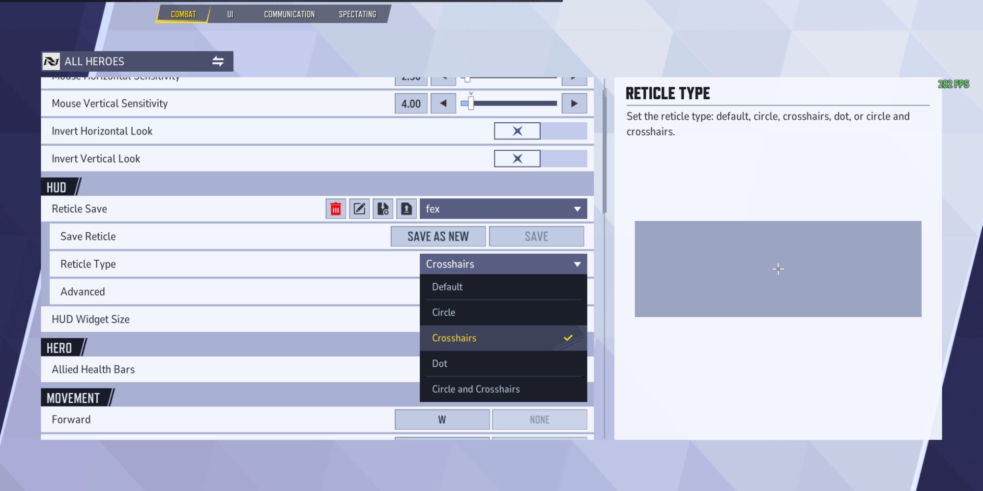 Image showing the crosshair settings from Marvel Rivals