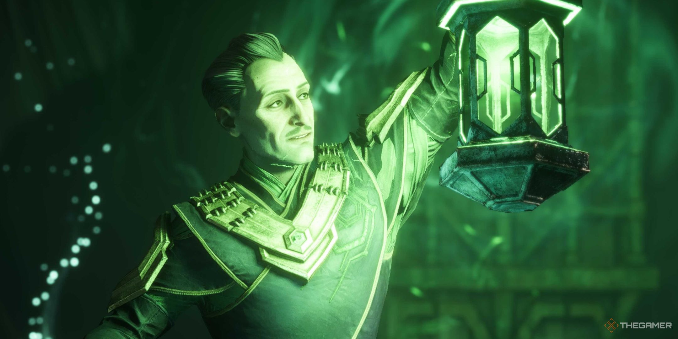 Emmrich holding a glowing green lantern in Dragon Age: The Veilguard.