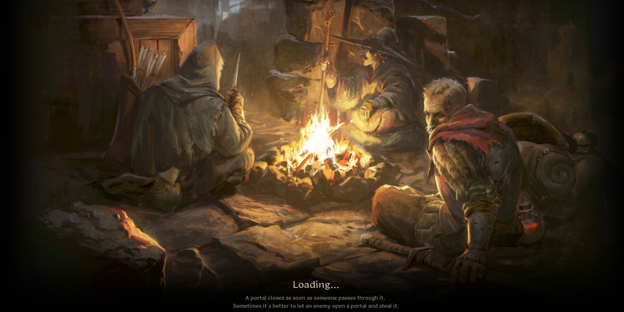 Dark And Darker players rest undergound at a campfire.