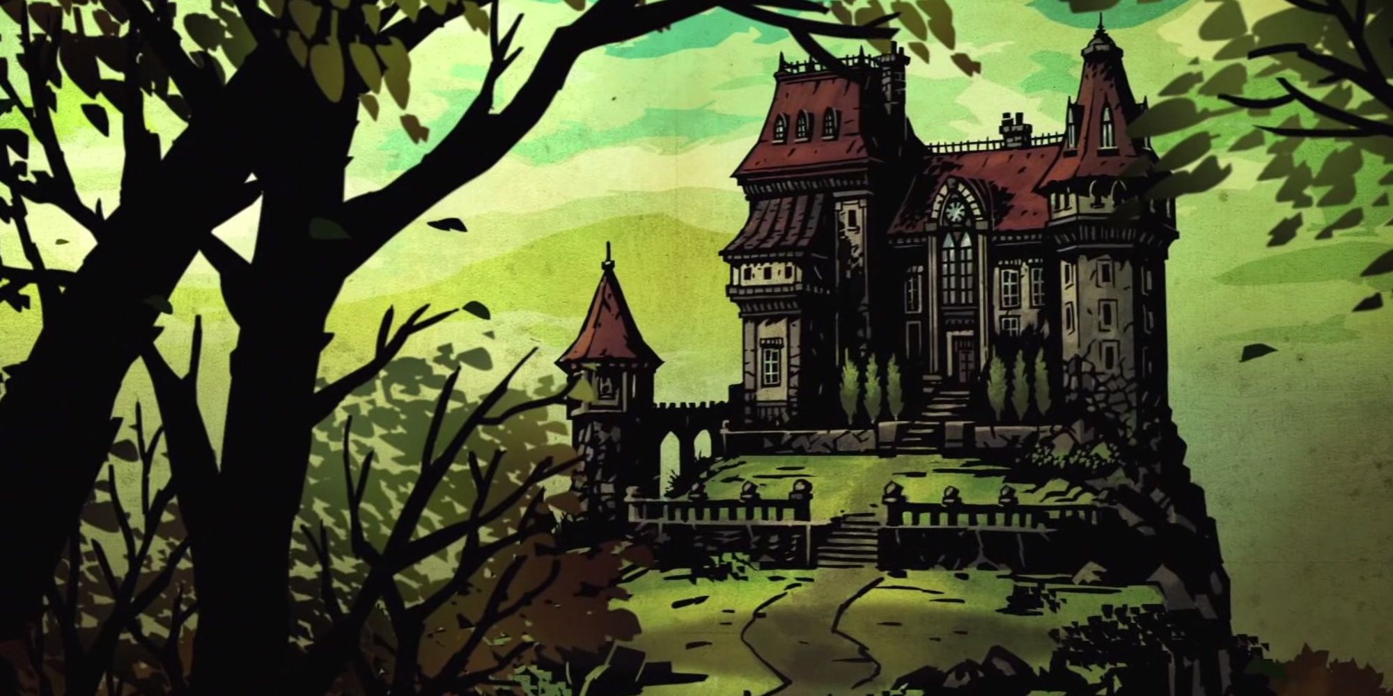 Darket Dungeon manor in the introduction sequence with a large manor in the distance.