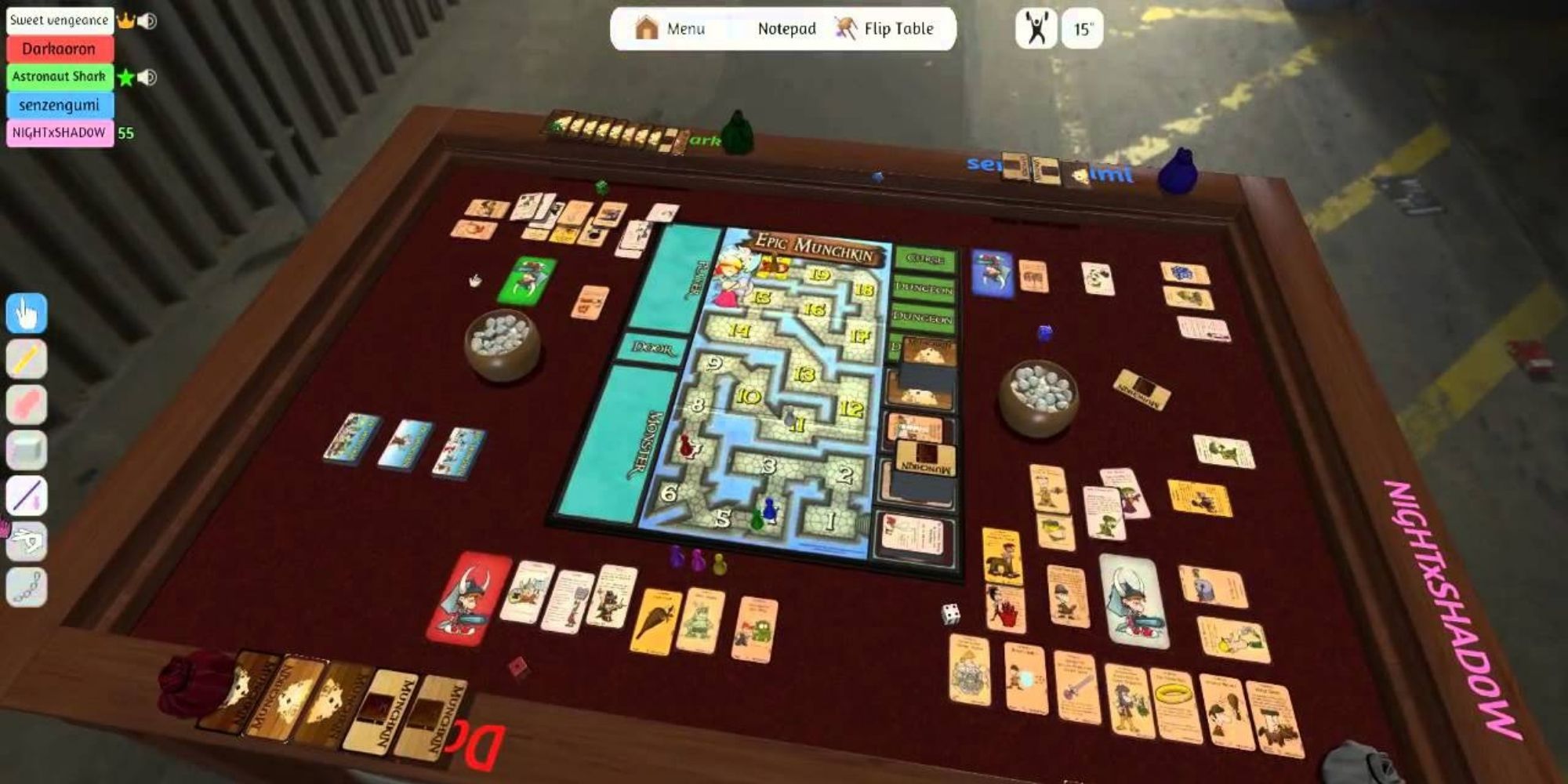 Various cards on the board in Tabletop Simulator.