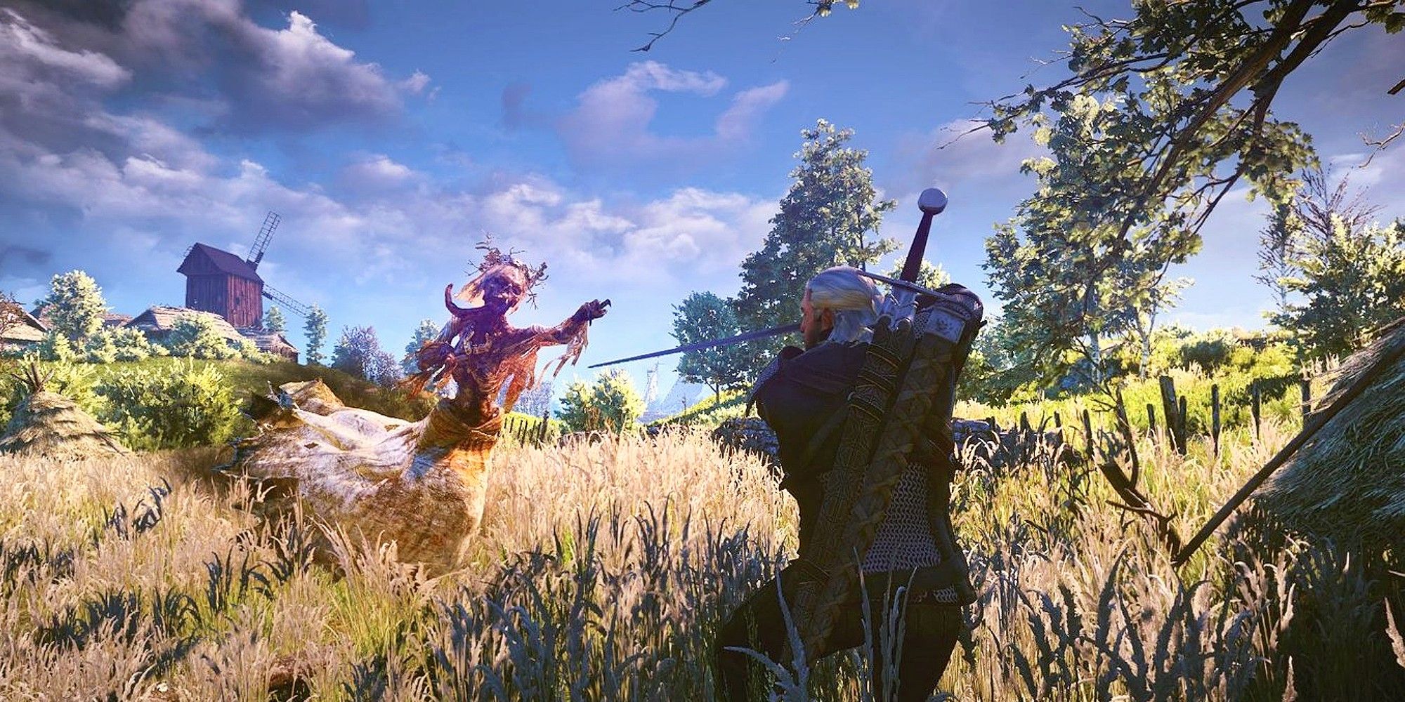 A noonwraith lunging towards Geralt who is prepared to attack.