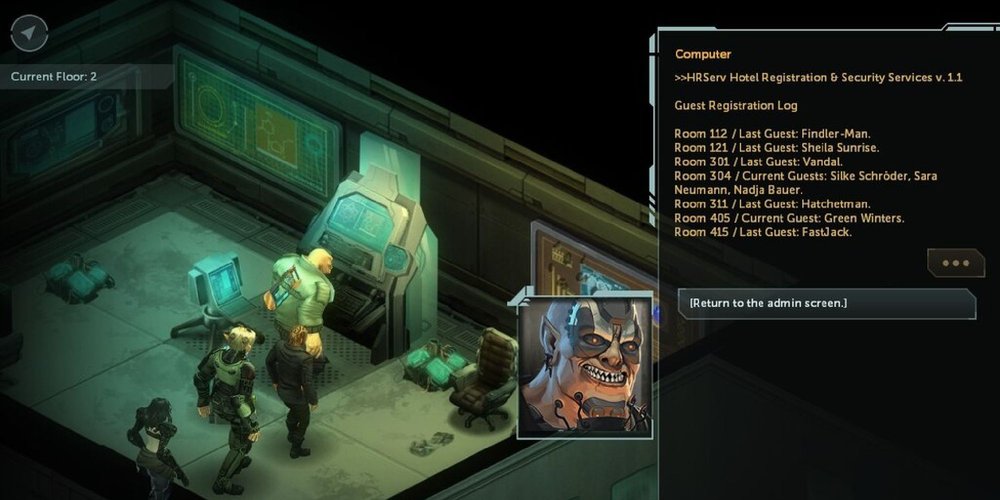 The player character hacks into the hotel's security system in Shadowrun: Dragonfall, showing that FastJack was the previous guest in room 415.