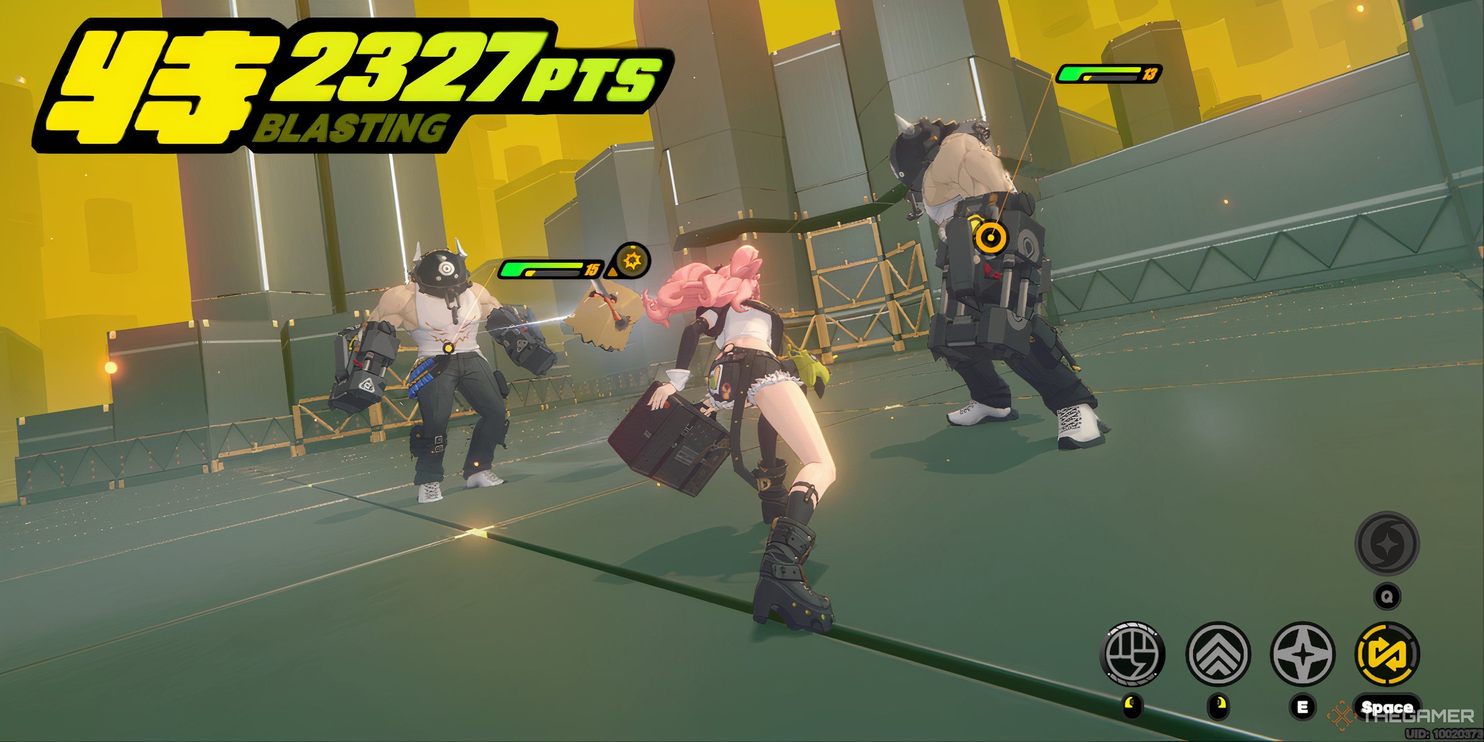 Nicole attacking two enemies with a large yellow number in the top left corner in Zenless Zone Zero.