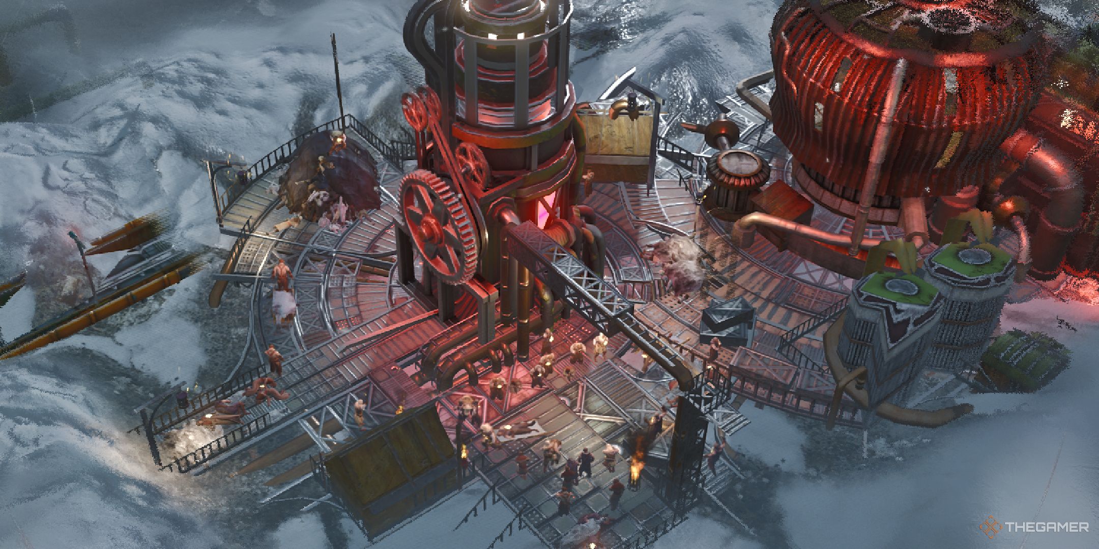 A zoomed in image of a food district with high squalor in Frostpunk 2.