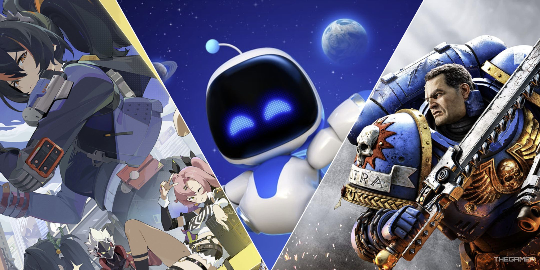 A collage of Sci-fi Games from 2024 including Astro Bot, Warhammer, and Zenless Zone Zero.