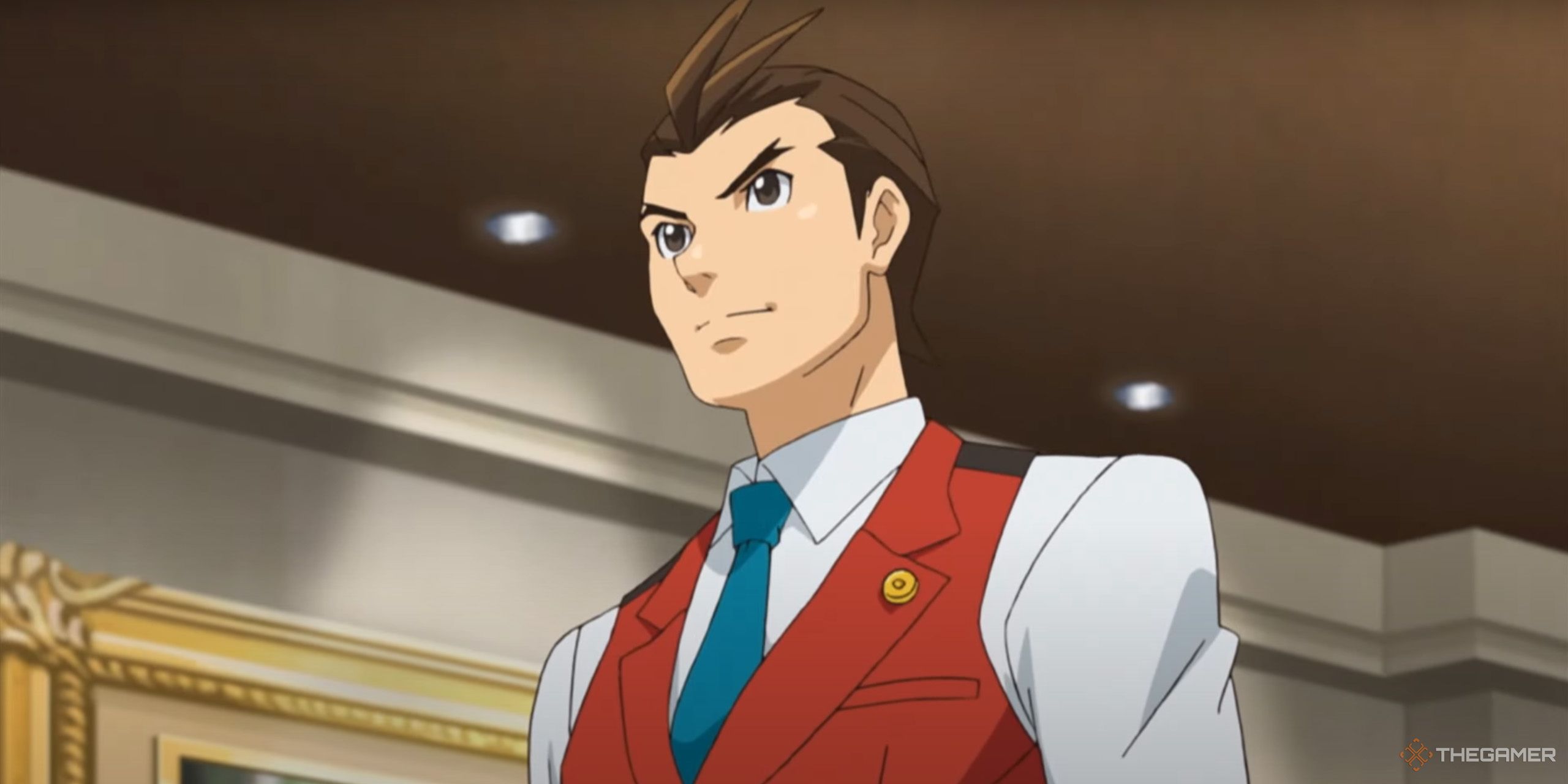 A close-up of Apollo Justice standing in the Defendant Lobby from Phoenix Wright: Ace Attorney - Dual Destinies.