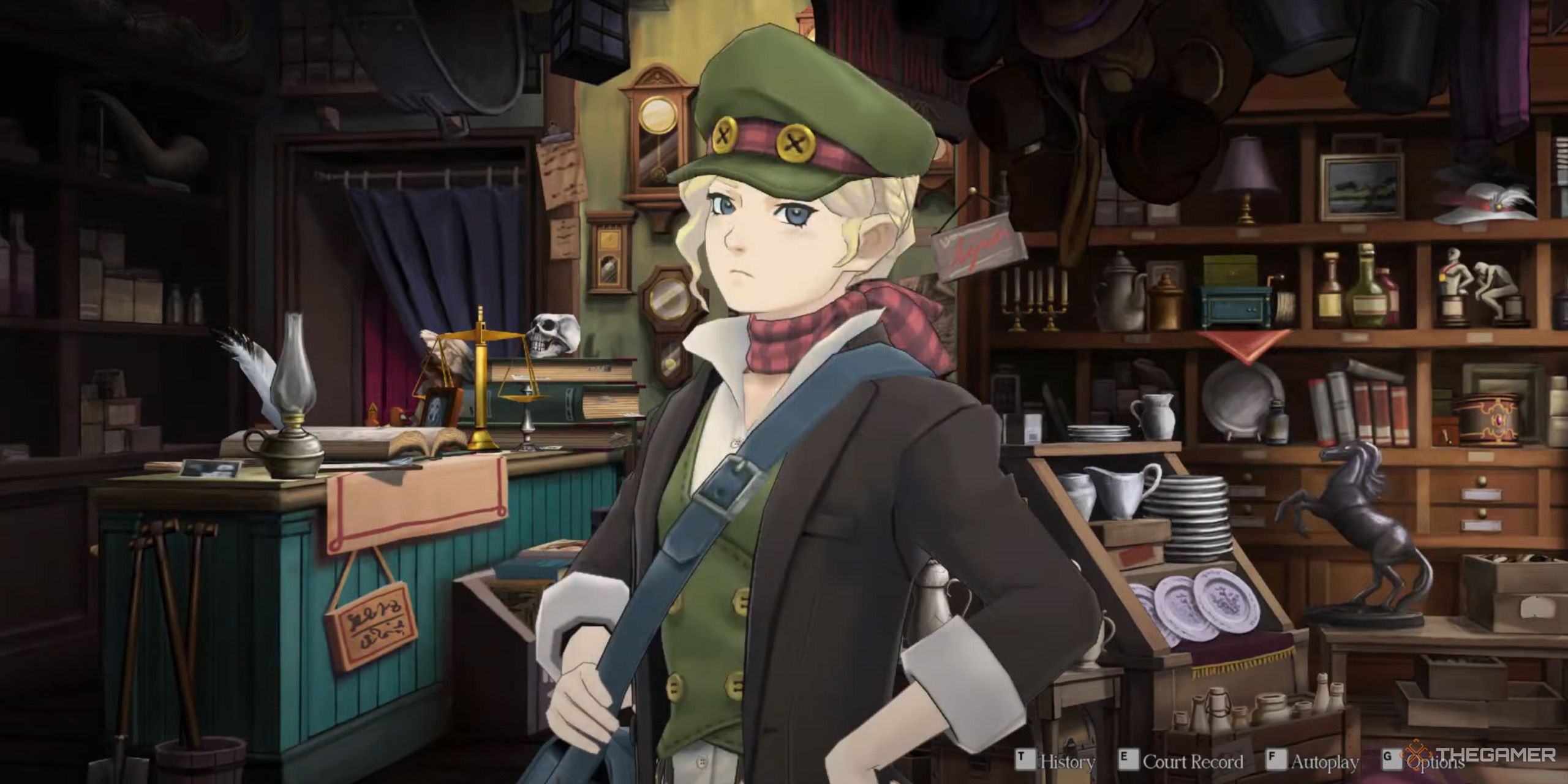 Gina Lestrade standing in Windibank's Pawn Shop from The Great Ace Attorney Chronicles.