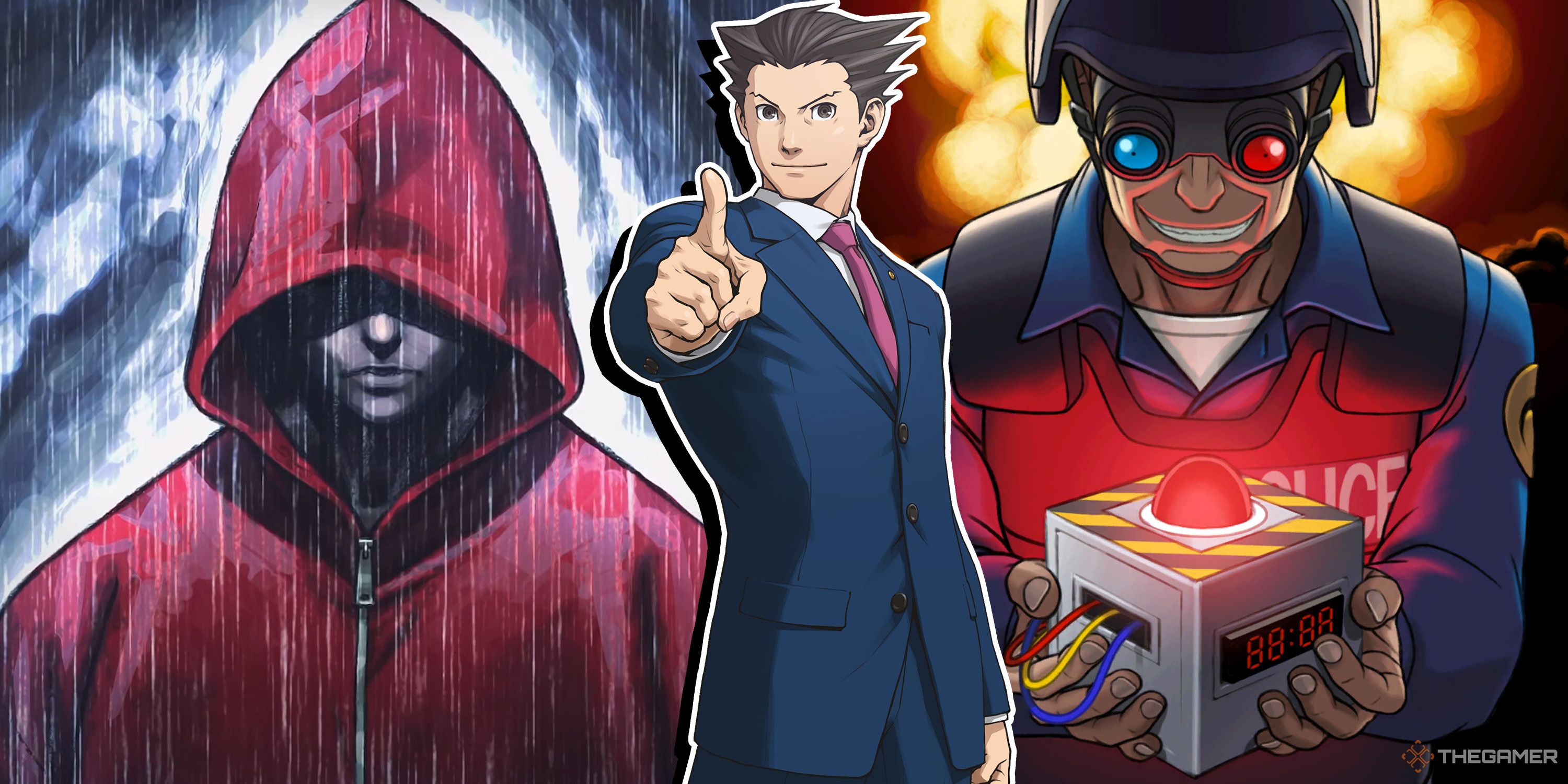 Split image of Phoenix Wright, the hooded assassin from Investigations 2, and Ted Tonate.