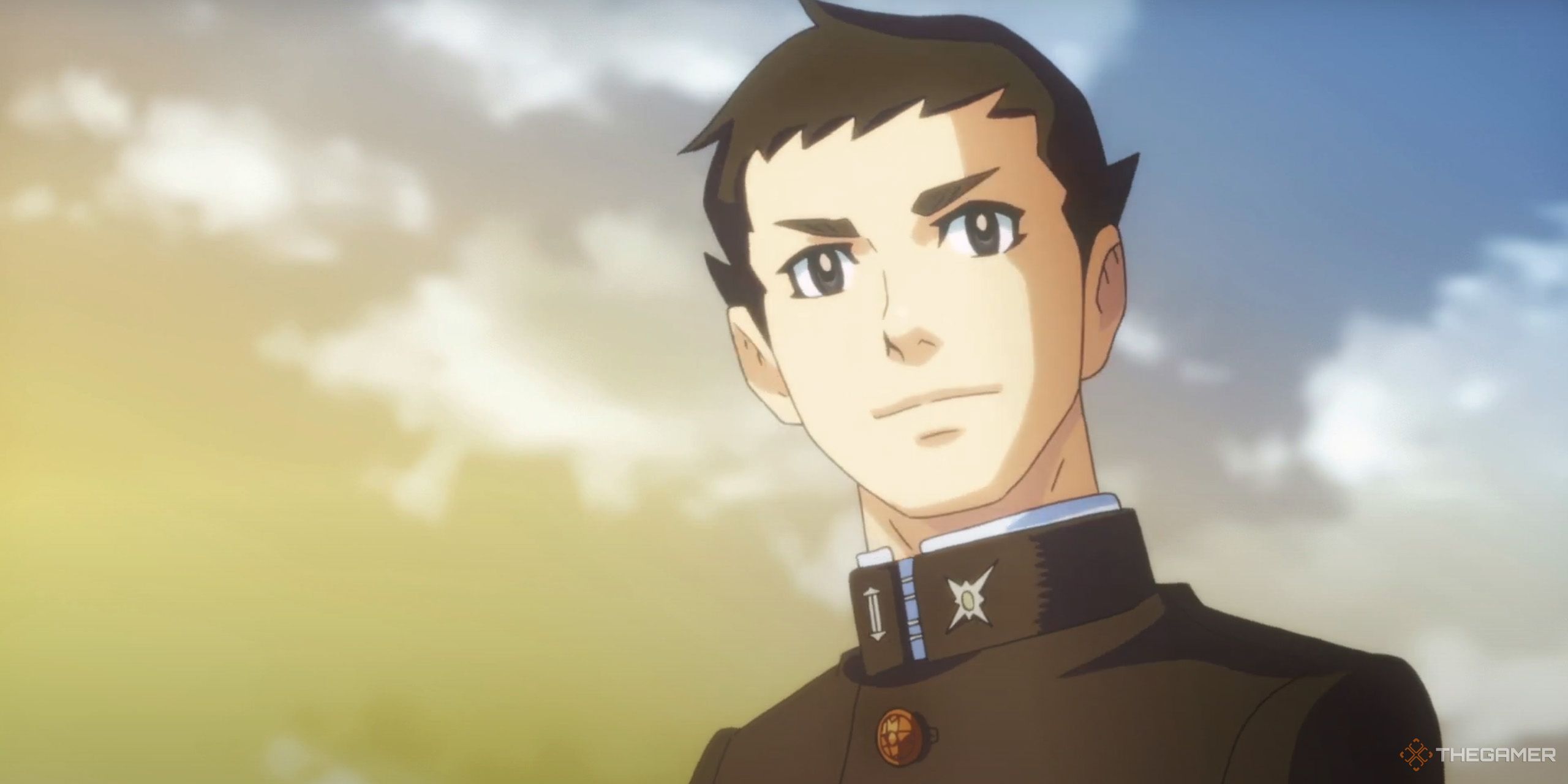 A close-up of Ryunosuke Naruhodo smiling under a bright sky in The Great Ace Attorney Chronicles.