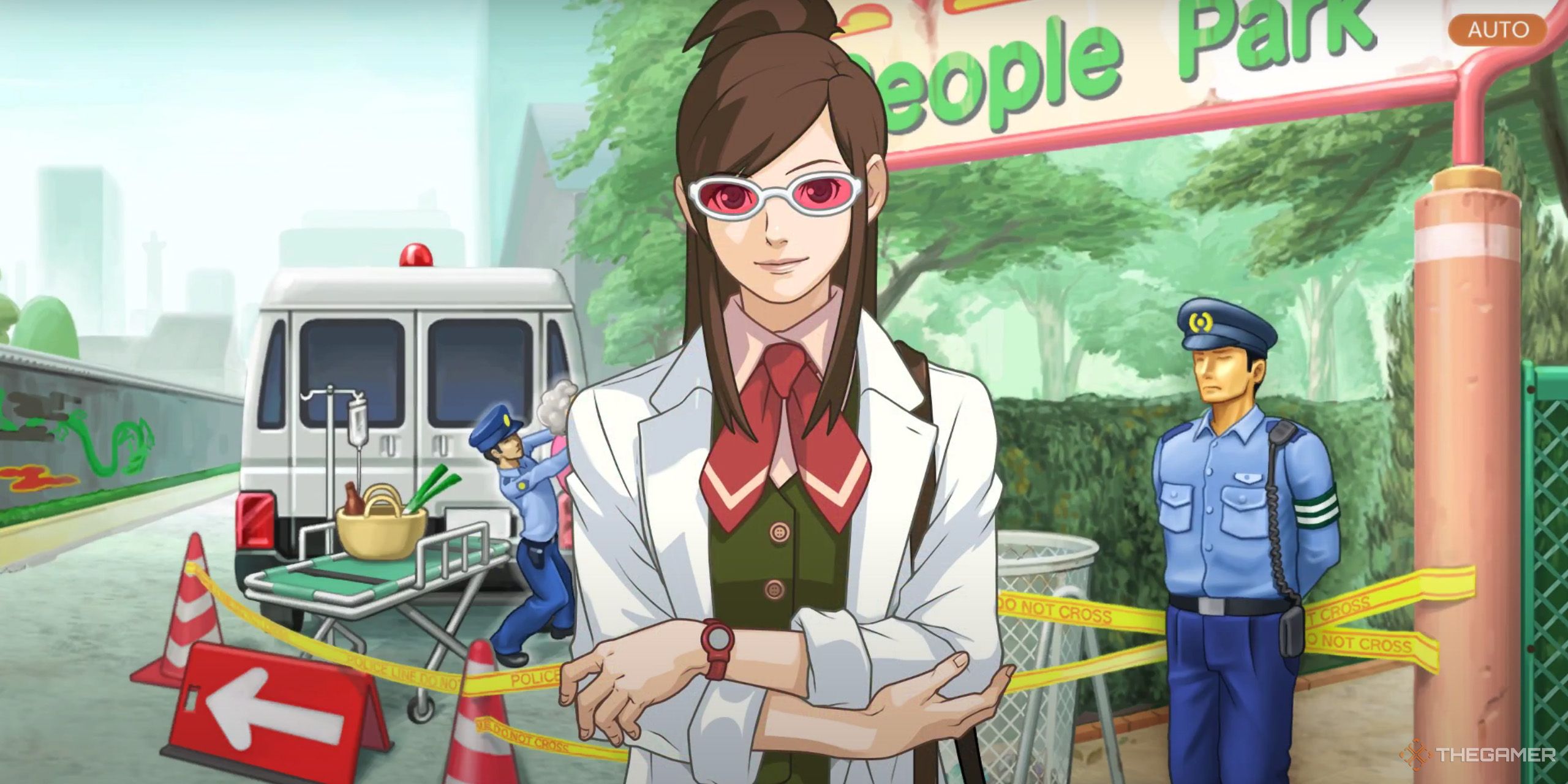 Ema Skye standing in front of People Park from Apollo Justice: Ace Attorney.