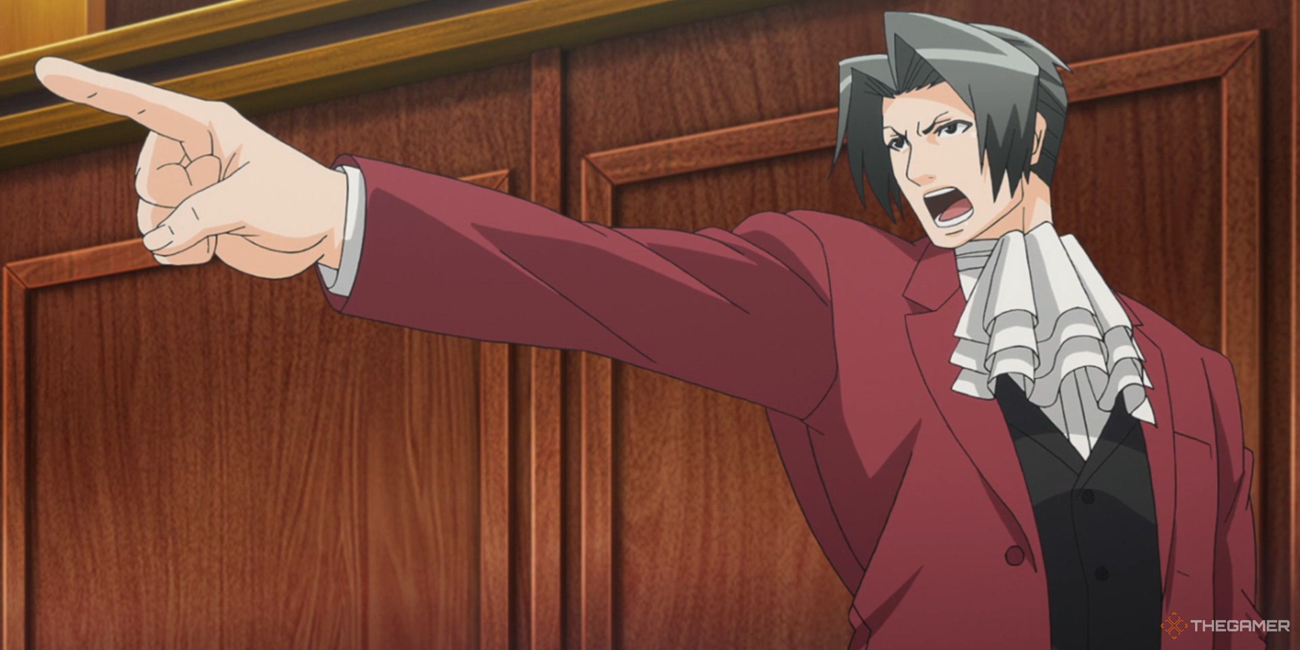 Miles Edgeworth pointing in court from the Ace Attorney anime.