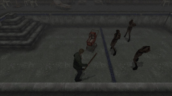 James fighting several monsters in a pool in the original Silent Hill 2