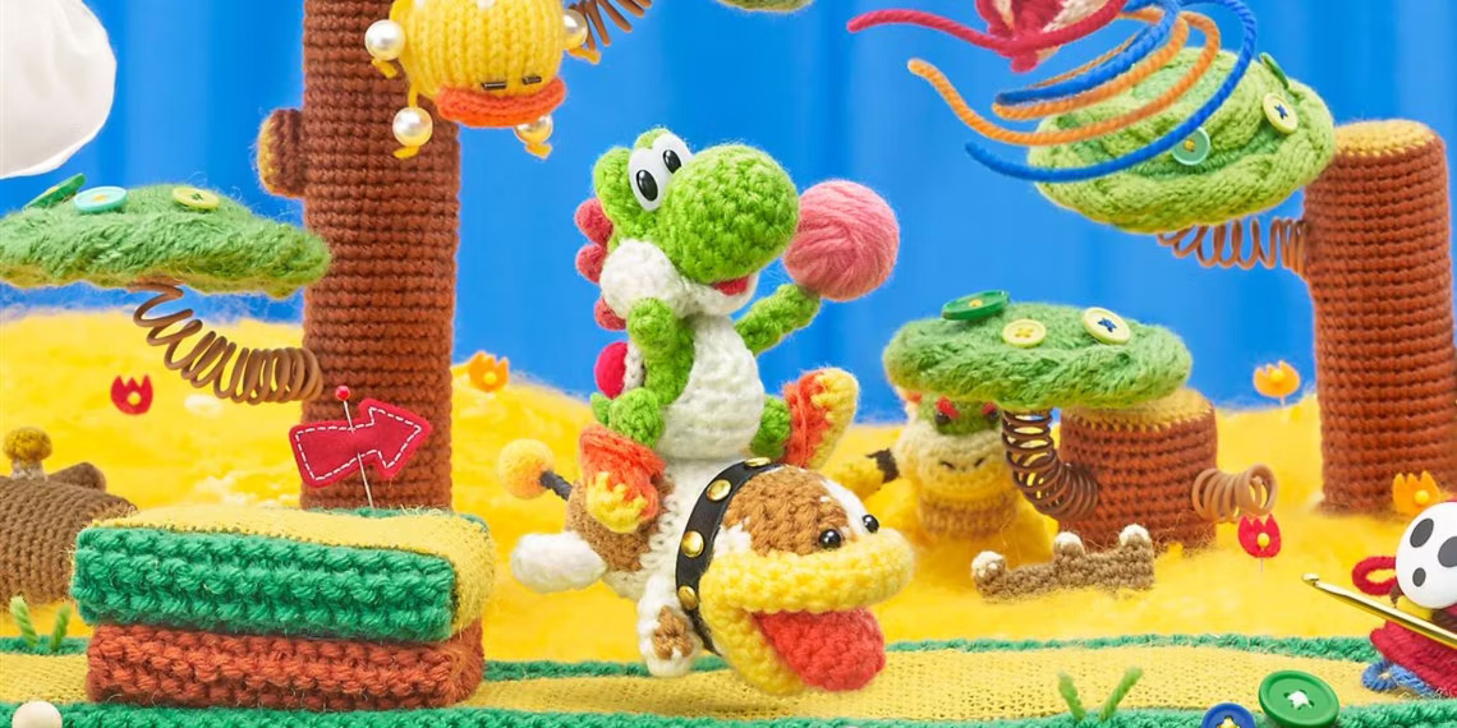 Yoshi's rides Poochy through a woolly world as Bowser Jr. watches from behind a tree in artwork for Yoshi's Woolly World.