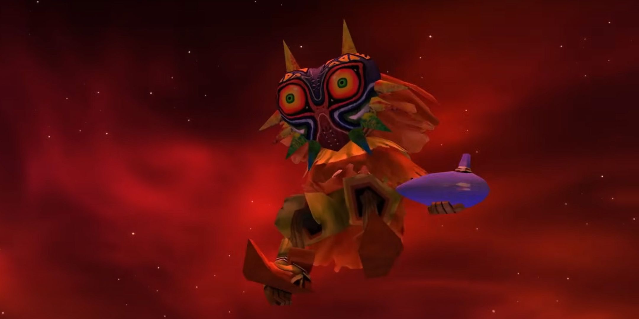 Skull kid holding the ocarina in The Legend of Zelda: Majora's Mask 3D.