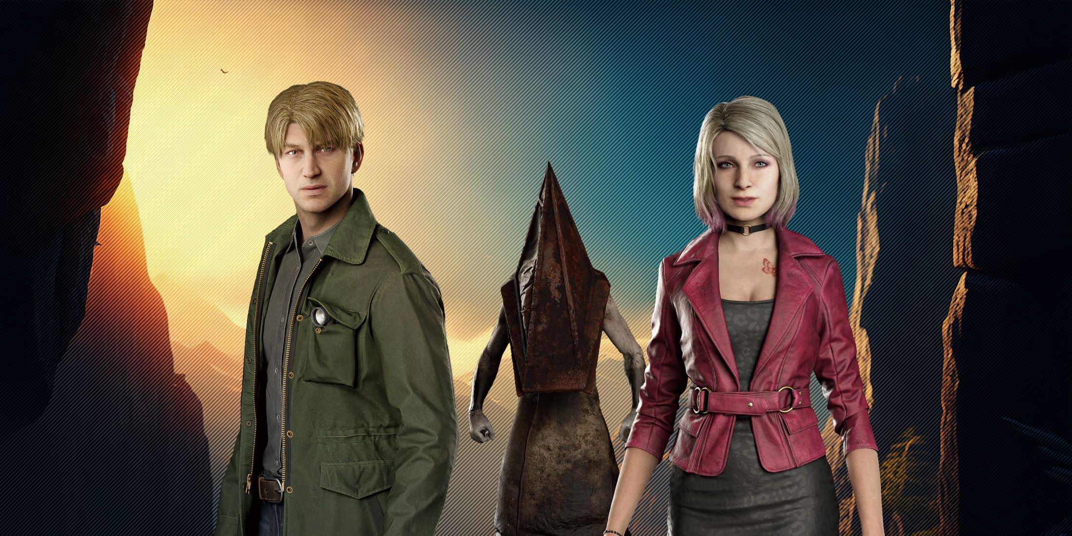 james, maria, and pyramid head from silent hill 2