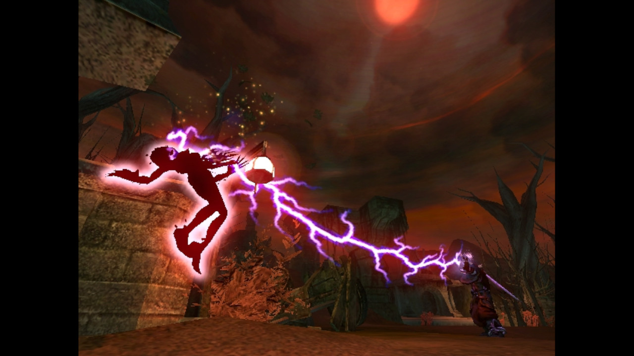 Zapping an enemy with purple lightning in Fable