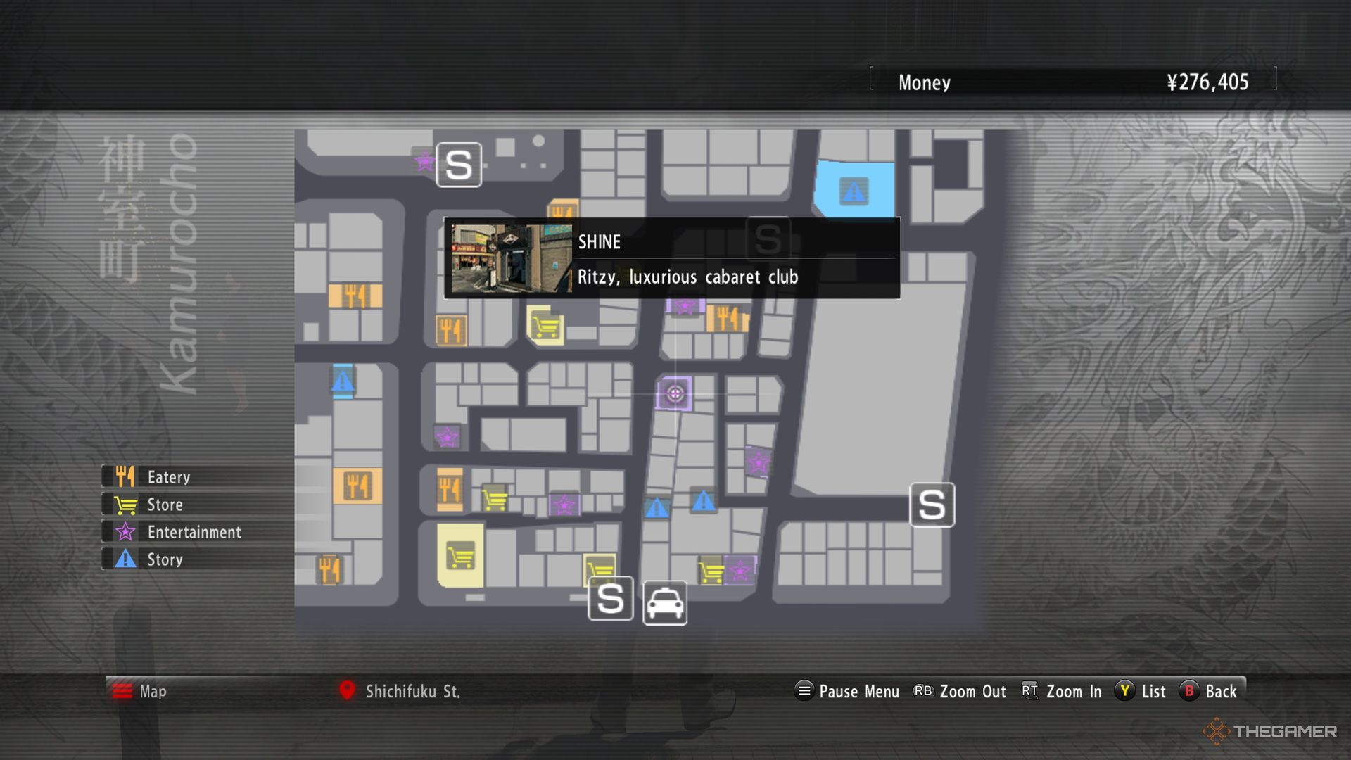 Yakuza Kiwami screenshot of Club Shine on map.