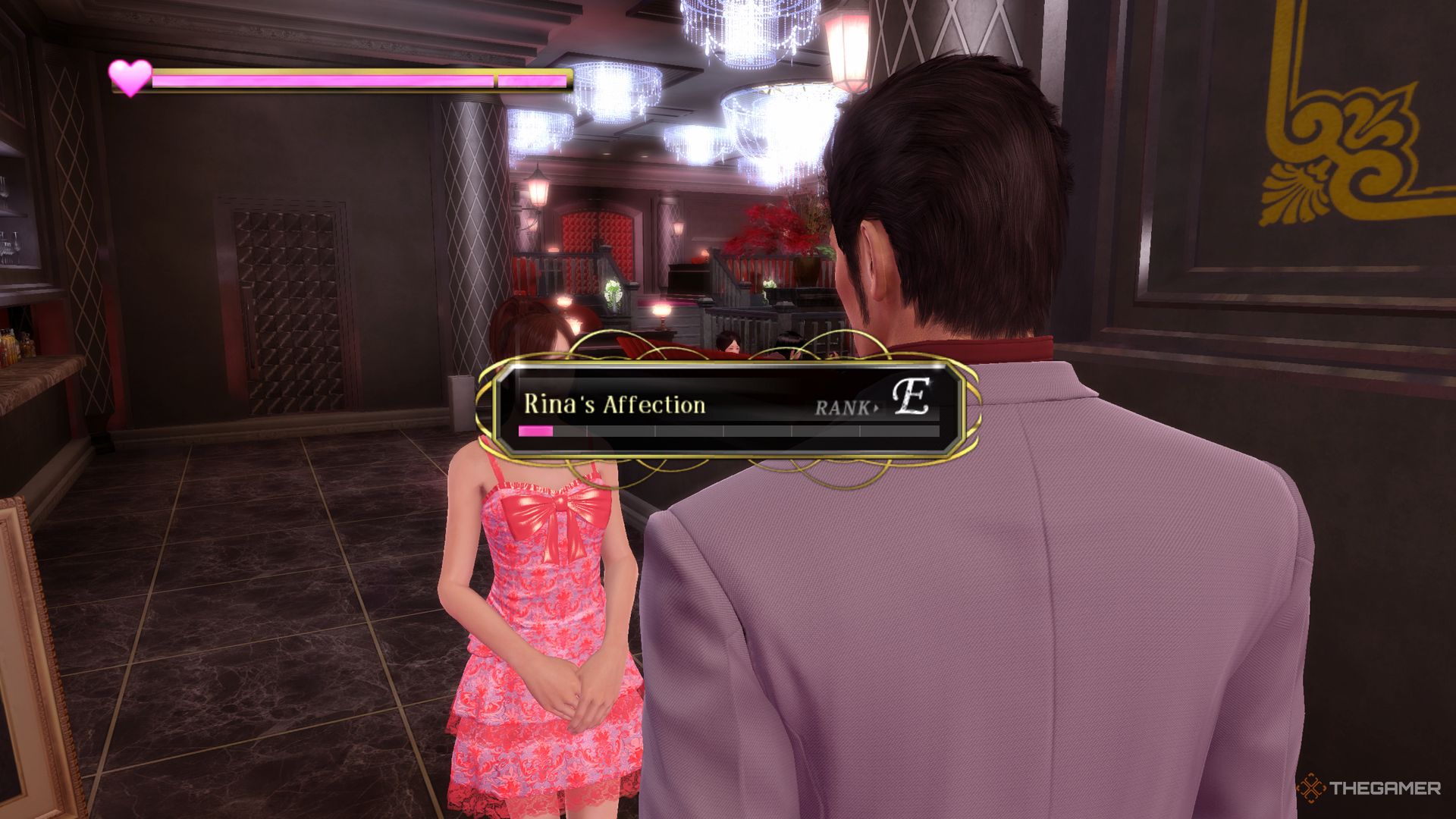 Yakuza Kiwami screenshot of Rina's Affection bar with an image of Kiryu and Rina behind it.