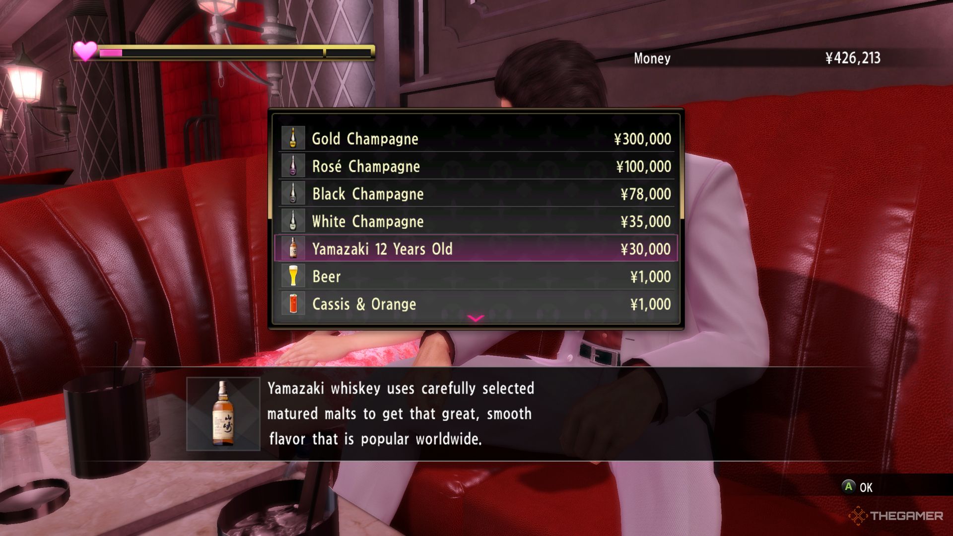 Yakuza Kiwami screenshot of drink list at the club.