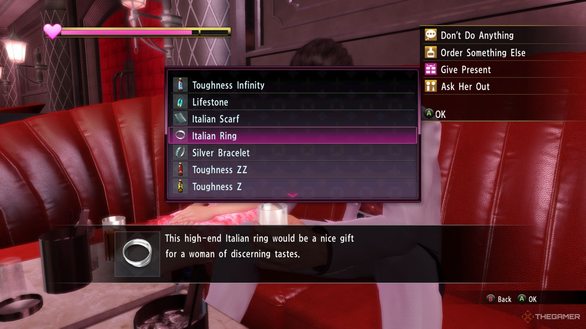 Yakuza Kiwami screenshot of gift list at the club.