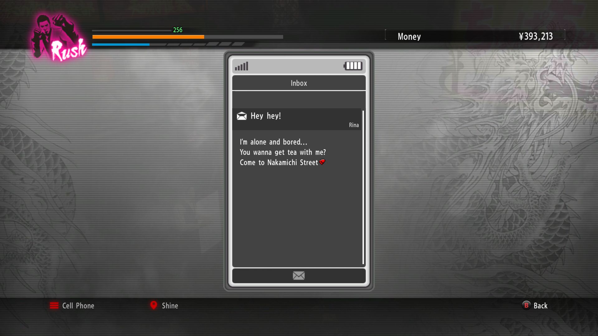 Yakuza Kiwami screenshot of a text from Rina.