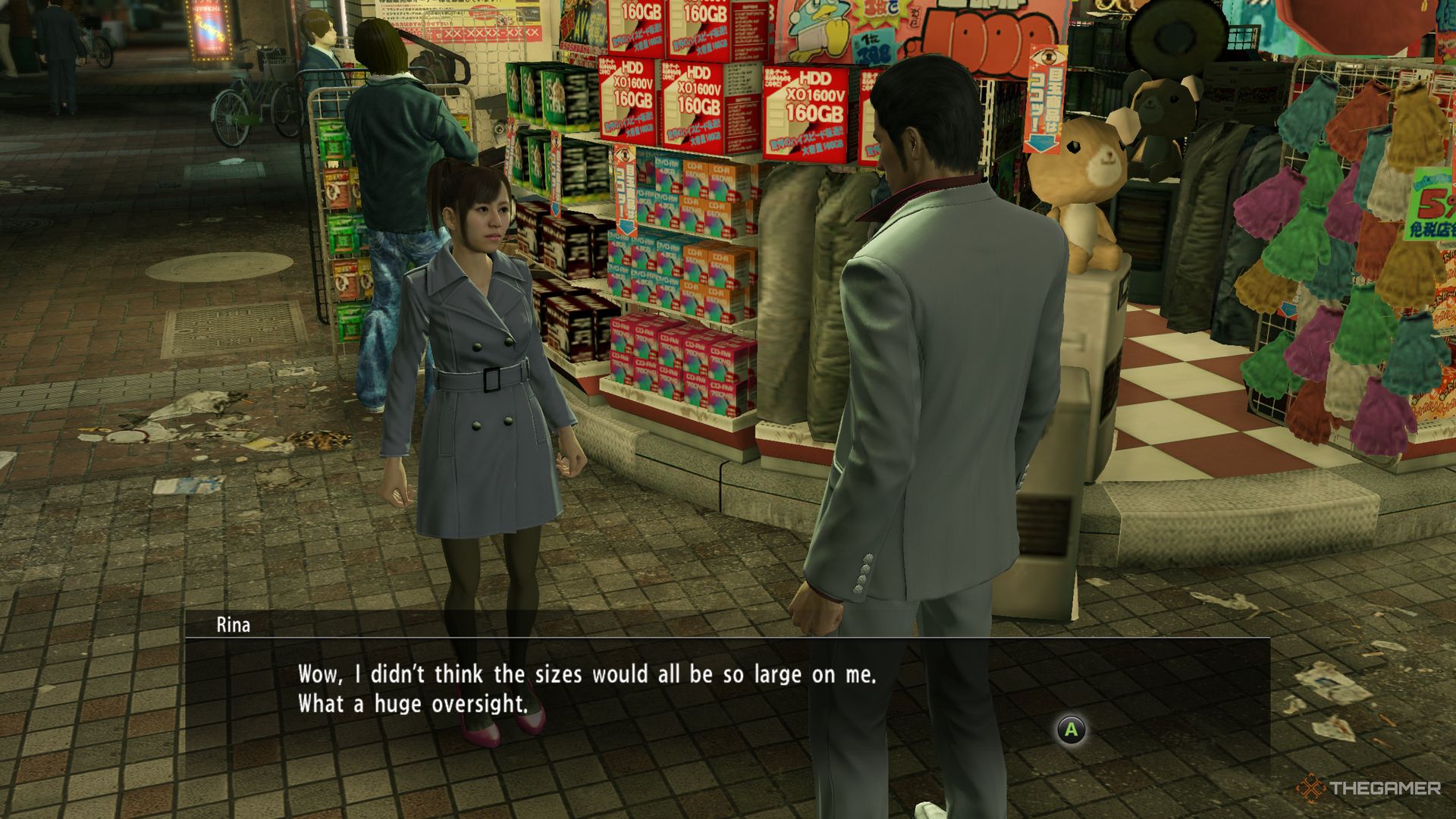 Yakuza Kiwami screenshot of Rina talking to Kiryu after shopping.