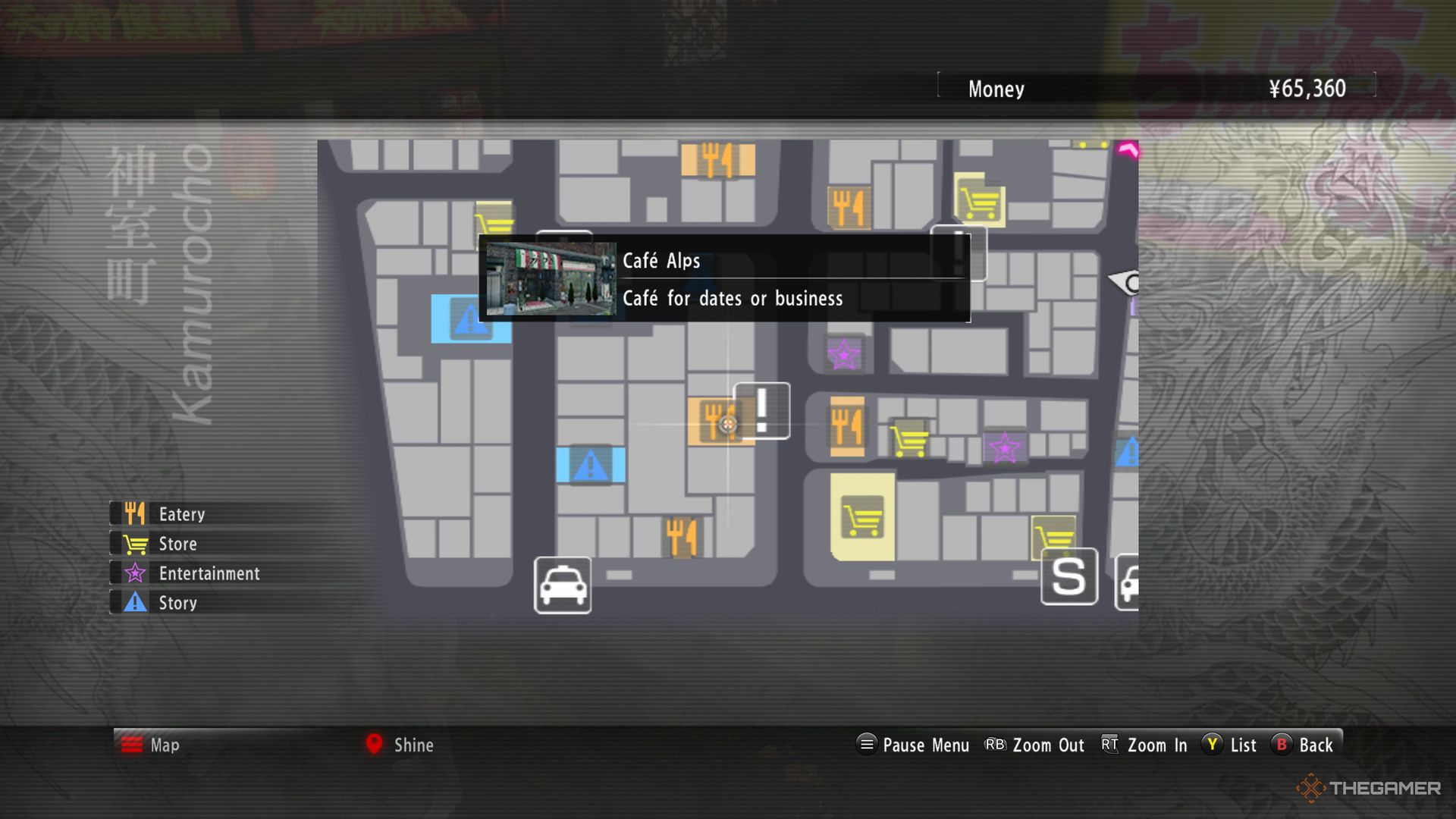 Yakuza Kiwami screenshot of Cafe Alps on the map.